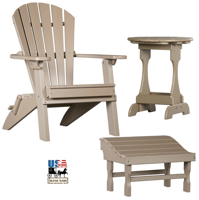 3pc 4 SEASON ADIRONDACK SET – Folding Poly Chair Ottoman & Candy Table AMISH USA