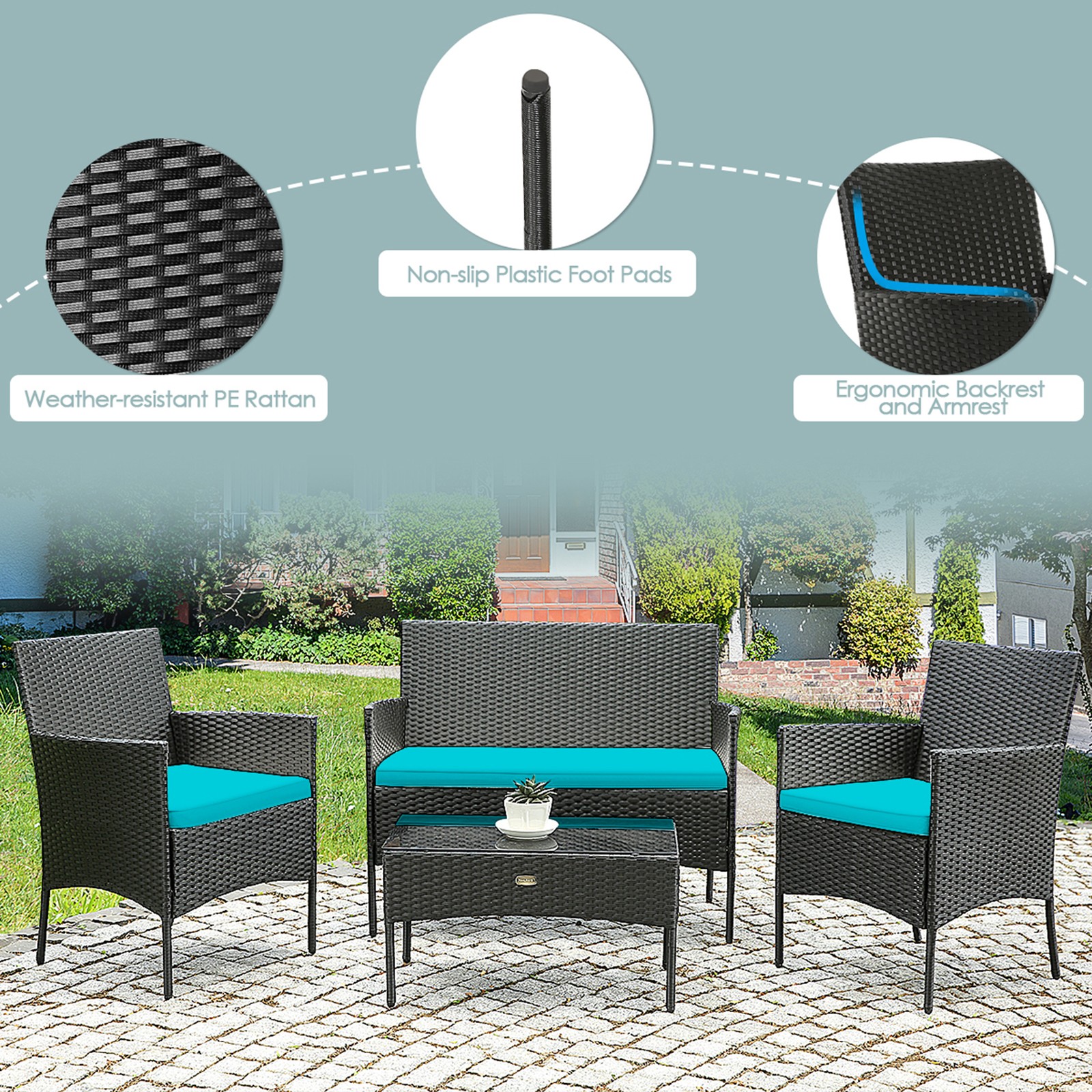 4PCS Outdoor Furniture Set Patio Rattan Conversation Set w/ Turquoise Cushion