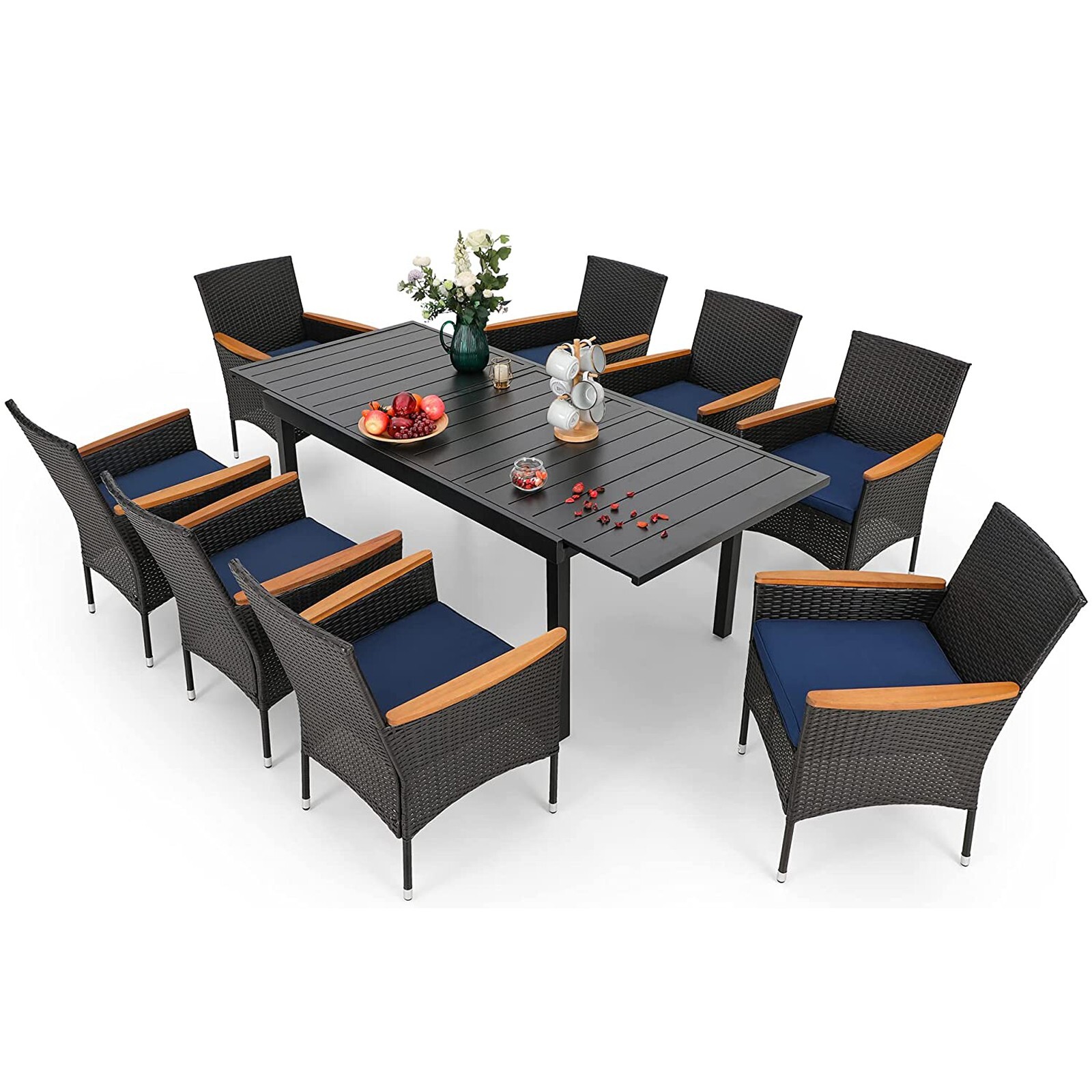 9 PCS Outdoor Dining Set Rattan Patio Furniture Set Outdoor Expandable Table