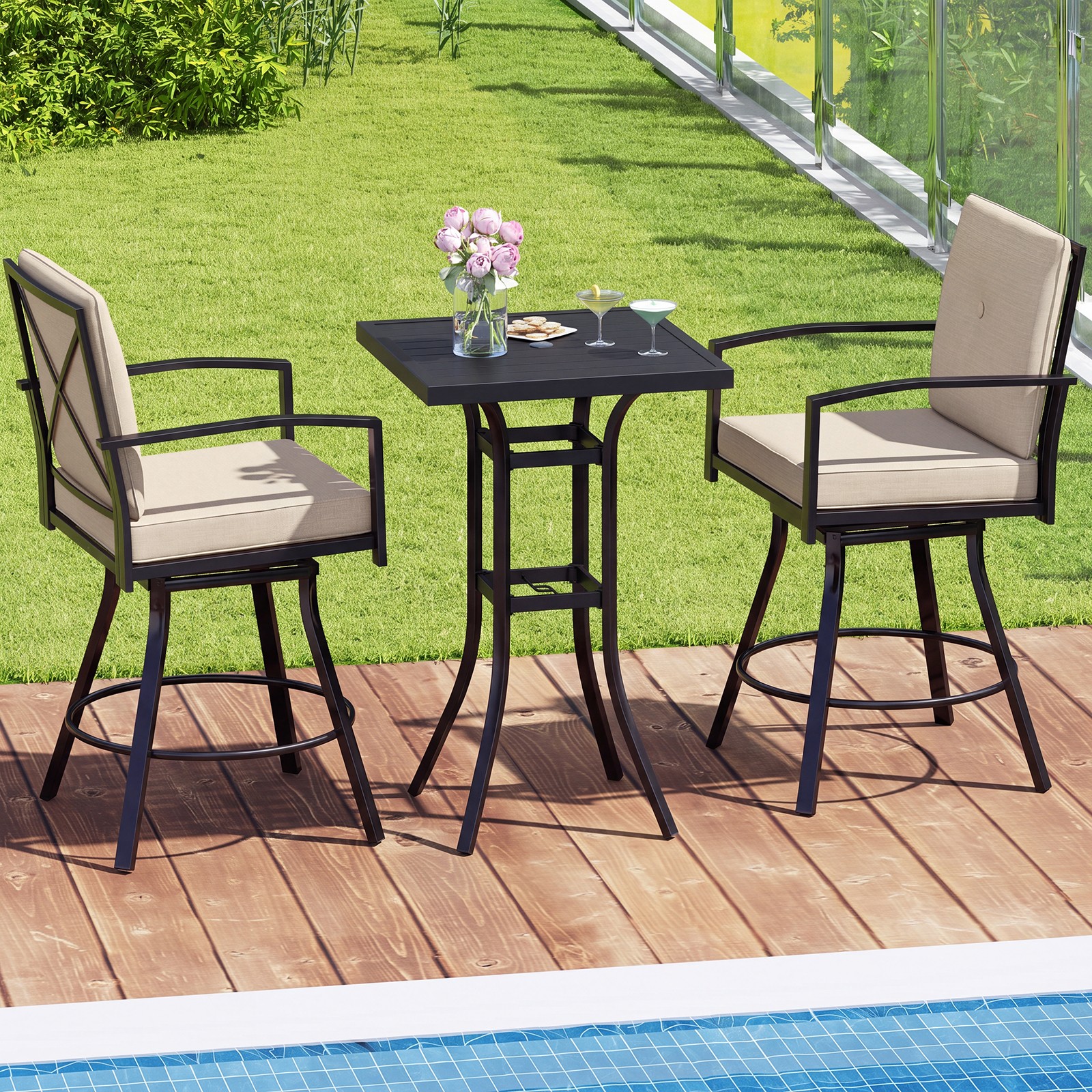 3 Pieces Patio Swivel Bar Set with Soft Cushions & 1.57” Umbrella Hole for Lawn