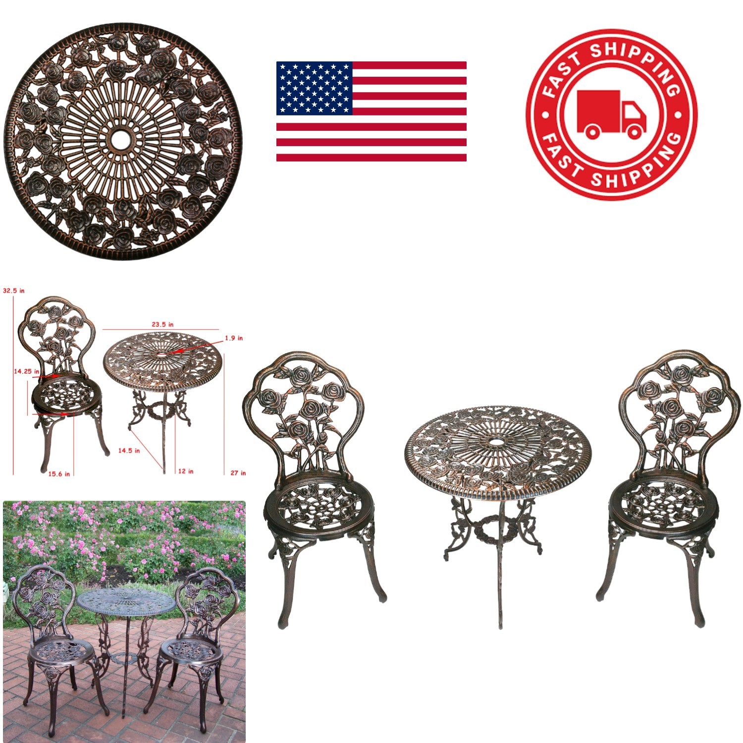 Traditional 3 Piece Bistro Set with Elegant Rose Design and Umbrella Hole