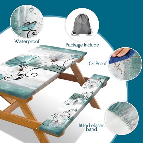 Rustic Farmhouse Teal Flower Picnic Table Cover 72″ x 30″ (Rectangular) Multi1