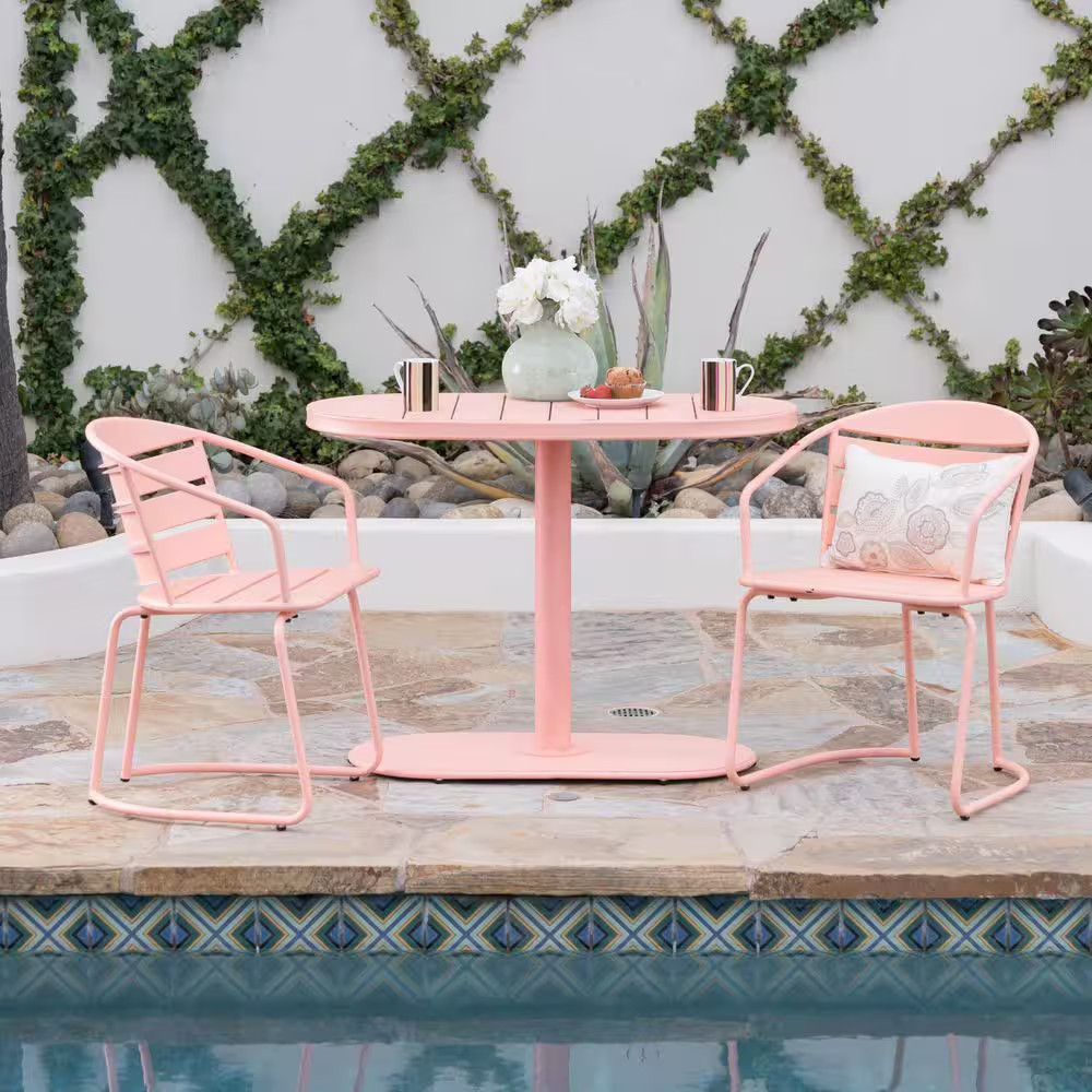 Matte Coral 3-Piece Metal Oval Outdoor Patio Bistro Set