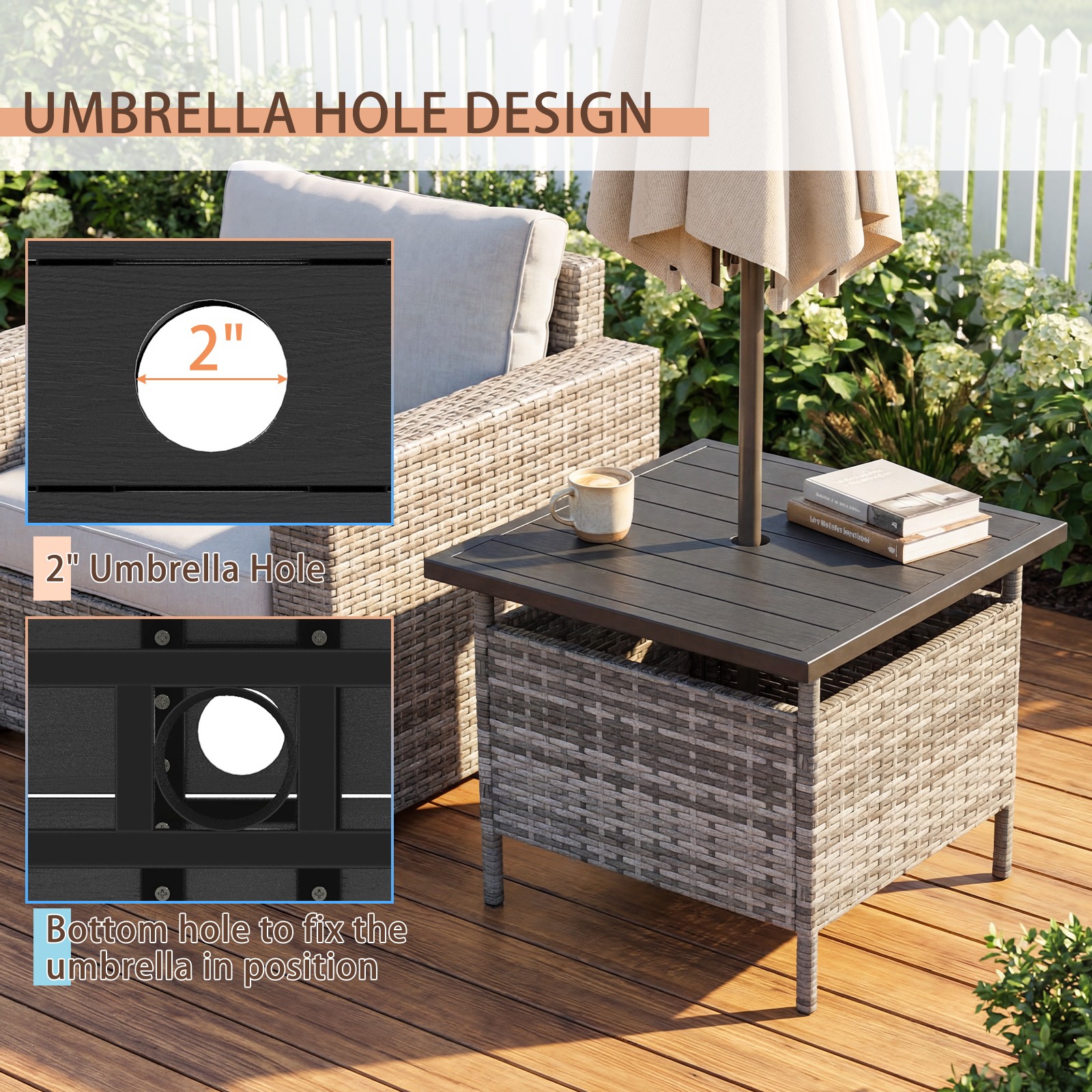 22″ Patio Rattan Square Side End Table Garden Bistro Umbrella Stand Table W/Hole