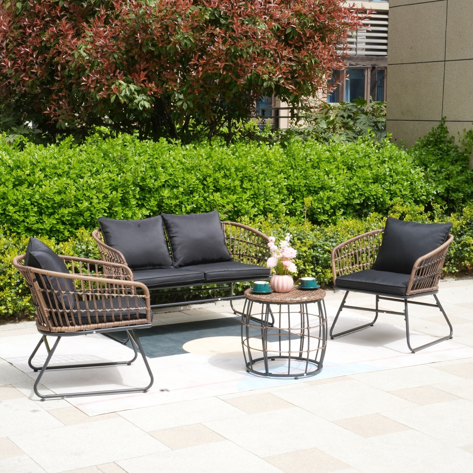 4PCS Outdoor Patio Furniture Set Rattan Conversation Chair and Table Wicker Sofa