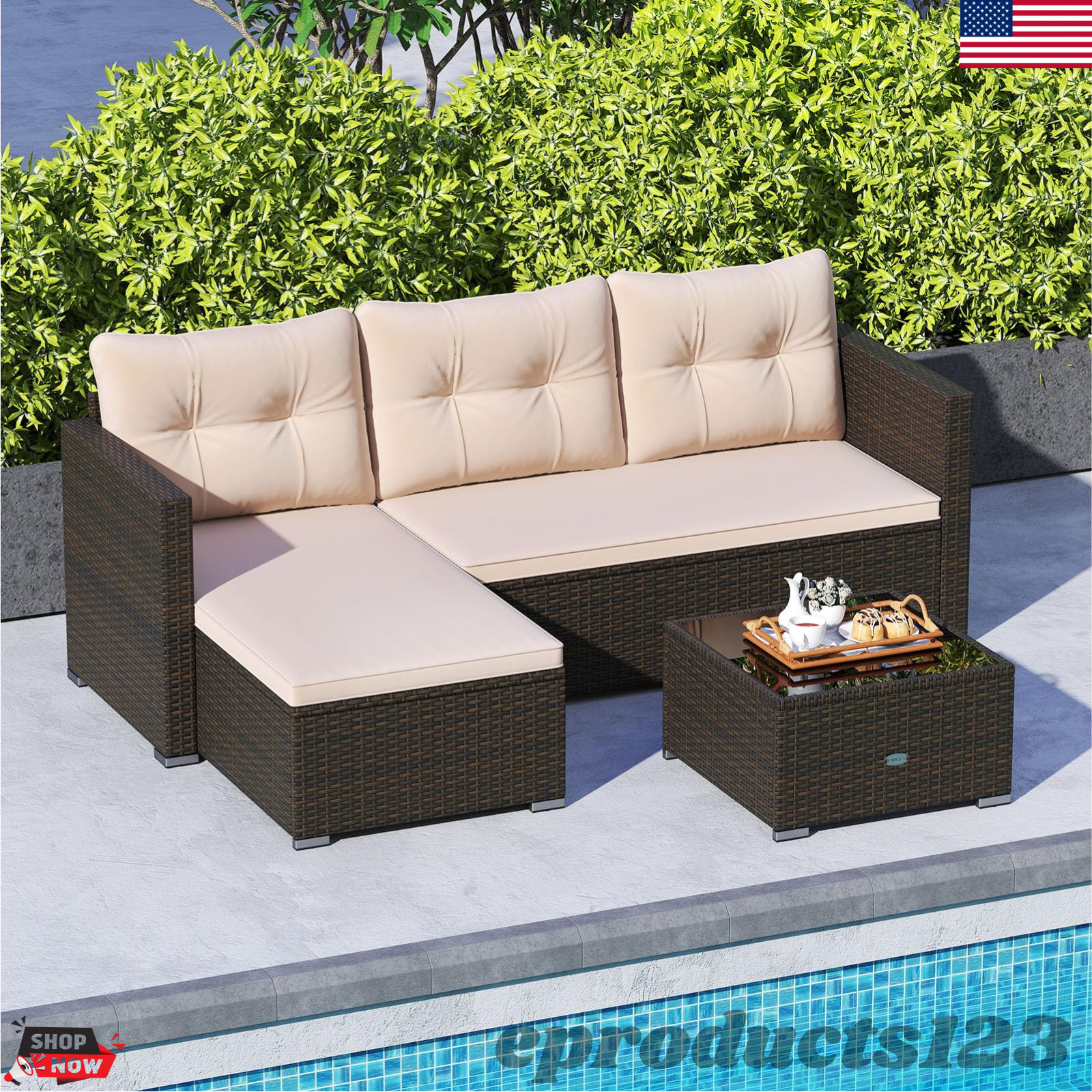 Rattan Outdoor Sectional Sofa Set L Shaped Patio Furniture w/ Glass Coffee Table