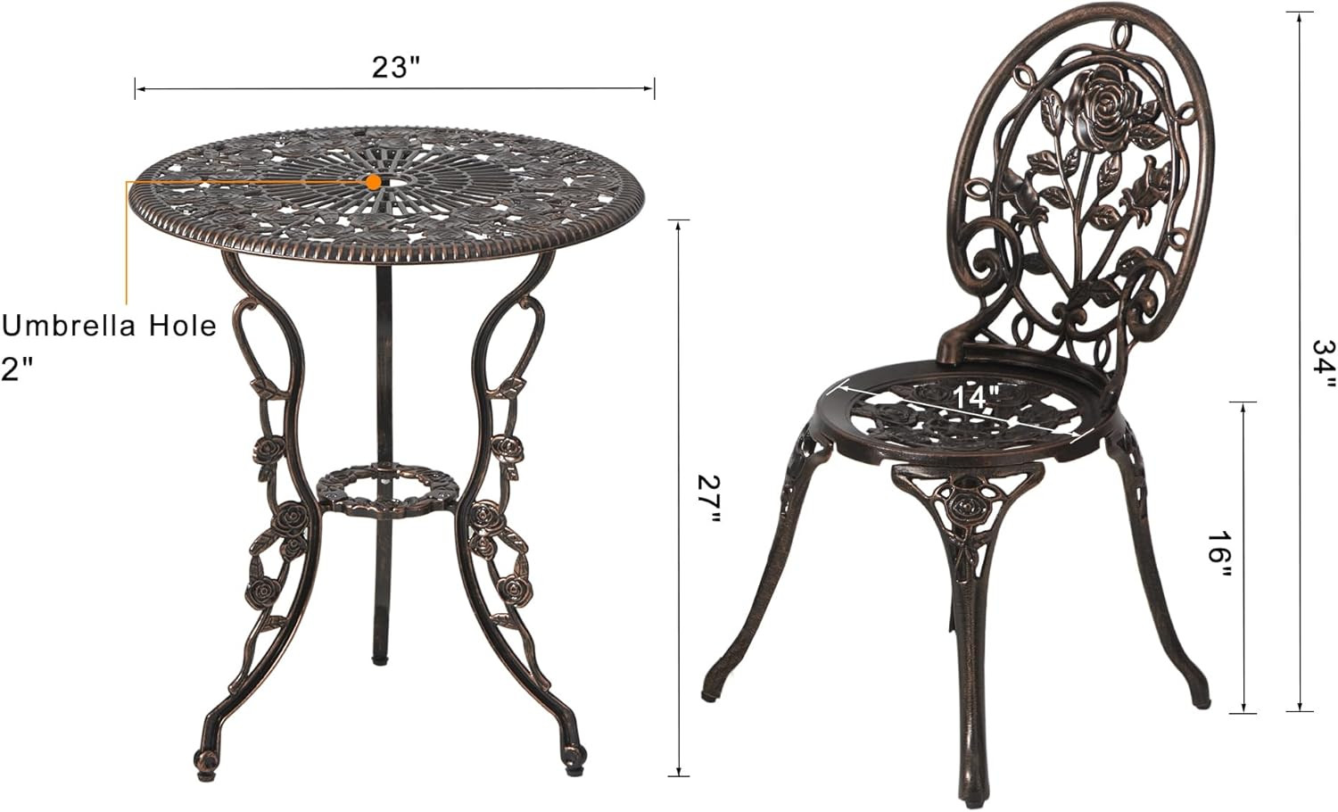 HOMEFUN Bistro Table and Chairs Set of 2 Outdoor 3 Piece Patio Set, Rose Pattern