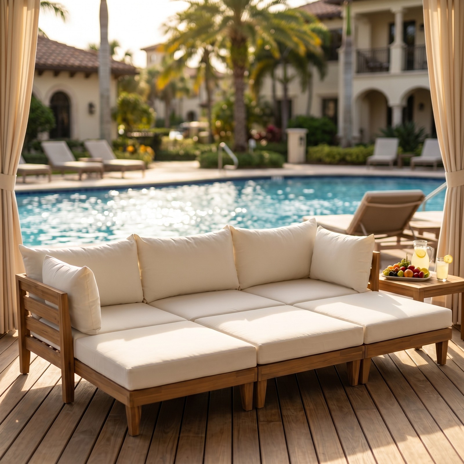 96.3″ W Acacia Wood Patio Daybed Sofa Set 6-Piece w/ 6 Cushions