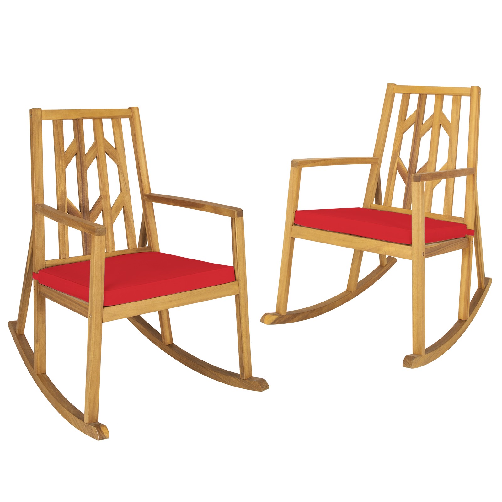 Patio 2 PCS Rocking Chair Acacia Wood Armrest Cushioned Sofa Garden Deck Red