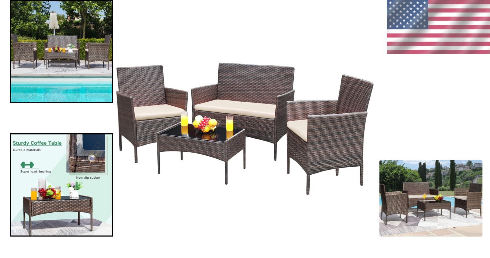 4-Piece Outdoor Wicker Conversation Set with Cushions & Glass Table, Brown Beige