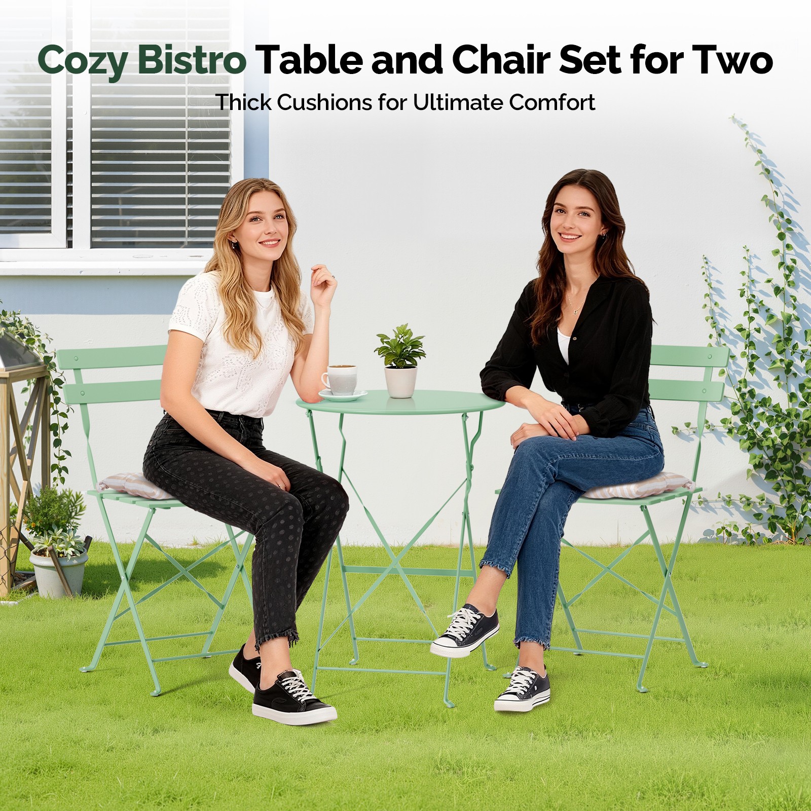 Folding Bistro Table Chairs, Dining Set of 3 with 2-Seat Cushions for In/Outdoor