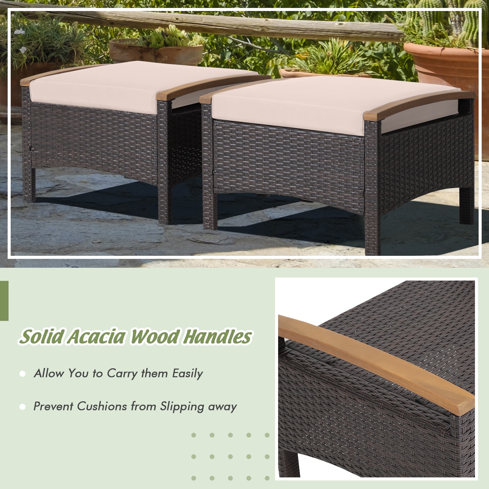 Patiojoy 2PCS Patio Ottoman w/ Sturdy Construction & Steel Frame Cushioned Beige