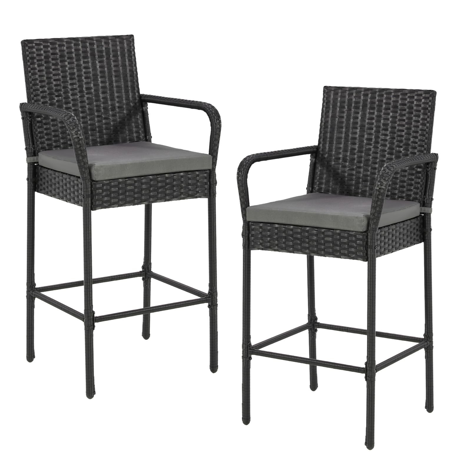 2 Pc All-Weather Wicker Bar Stools Outdoor with Armrest & Cushion Counter Height