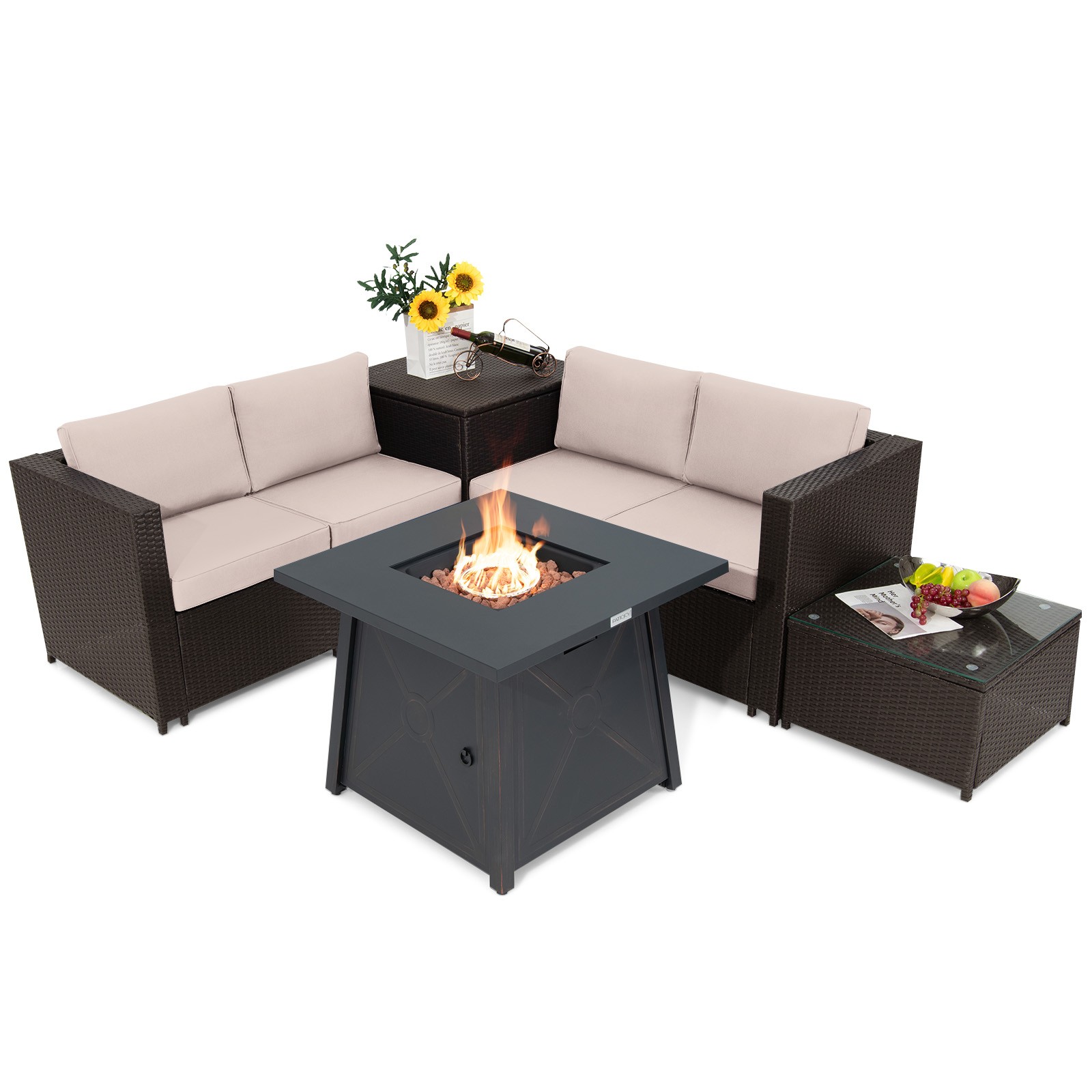 Patiojoy 5PCS Patio Rattan Furniture Set 30″ Gas Fire Pit Table W/Cover Beige