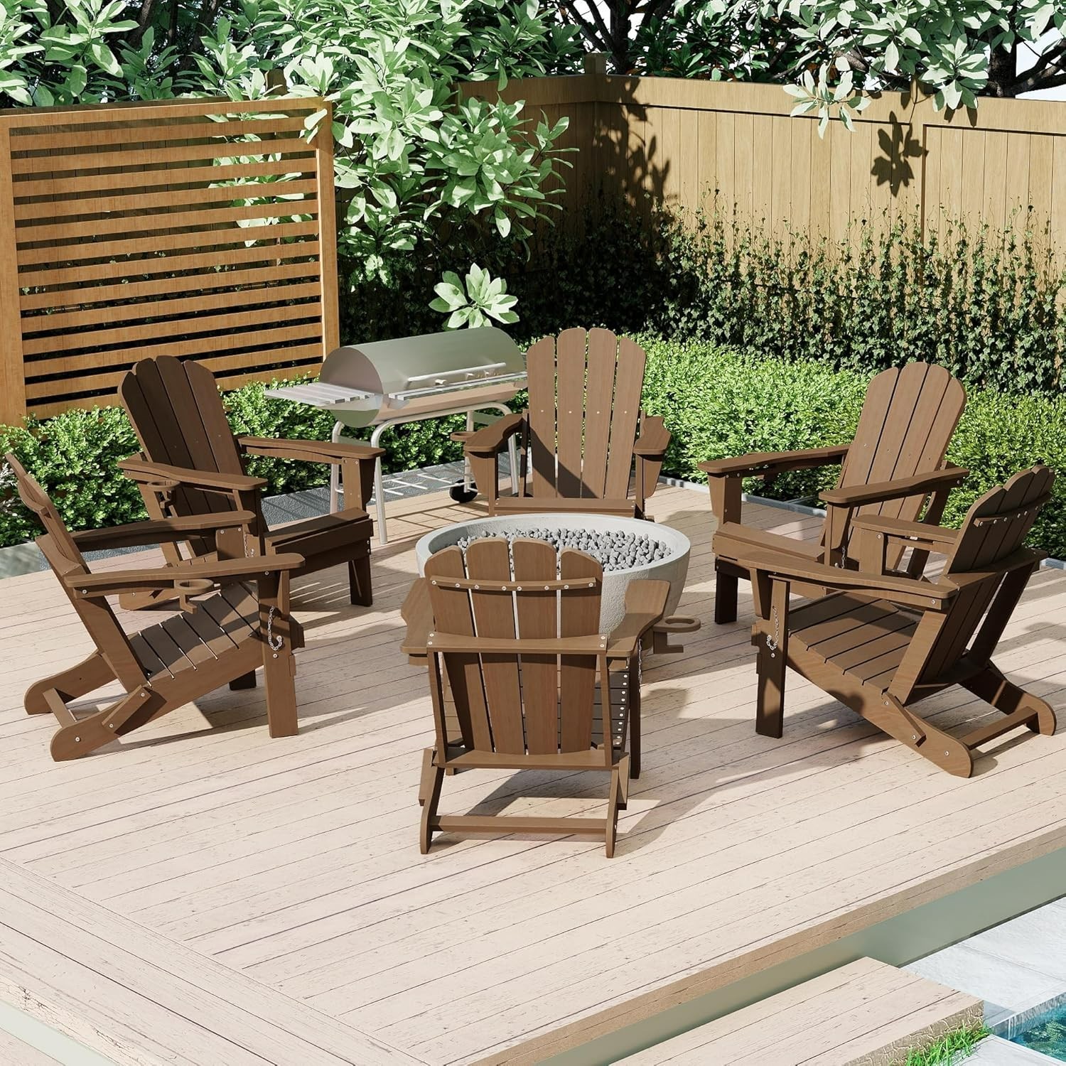 6pcs All-Weather HDPE Folding Adirondack Chair Fire Pit Chair w/Cup Holder,Khaki