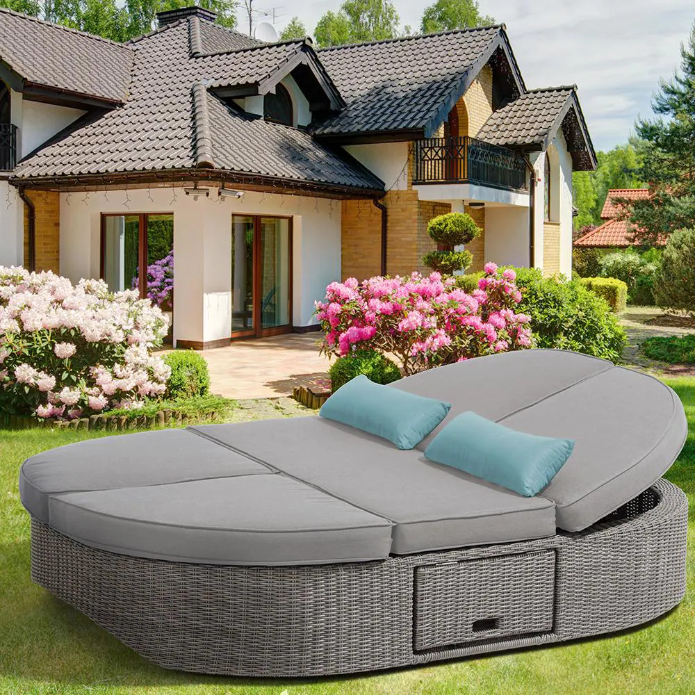 Gray Wicker Outdoor Patio Dual Reclining Sofa Daybed Side Tables Gray Cushions