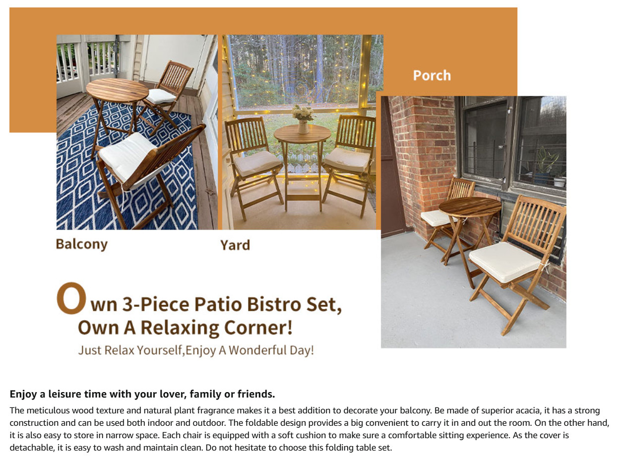 3Pcs Patio Bistro Set,Wood Folding Table Set, 2 Cushioned Chairs for Garden Yard