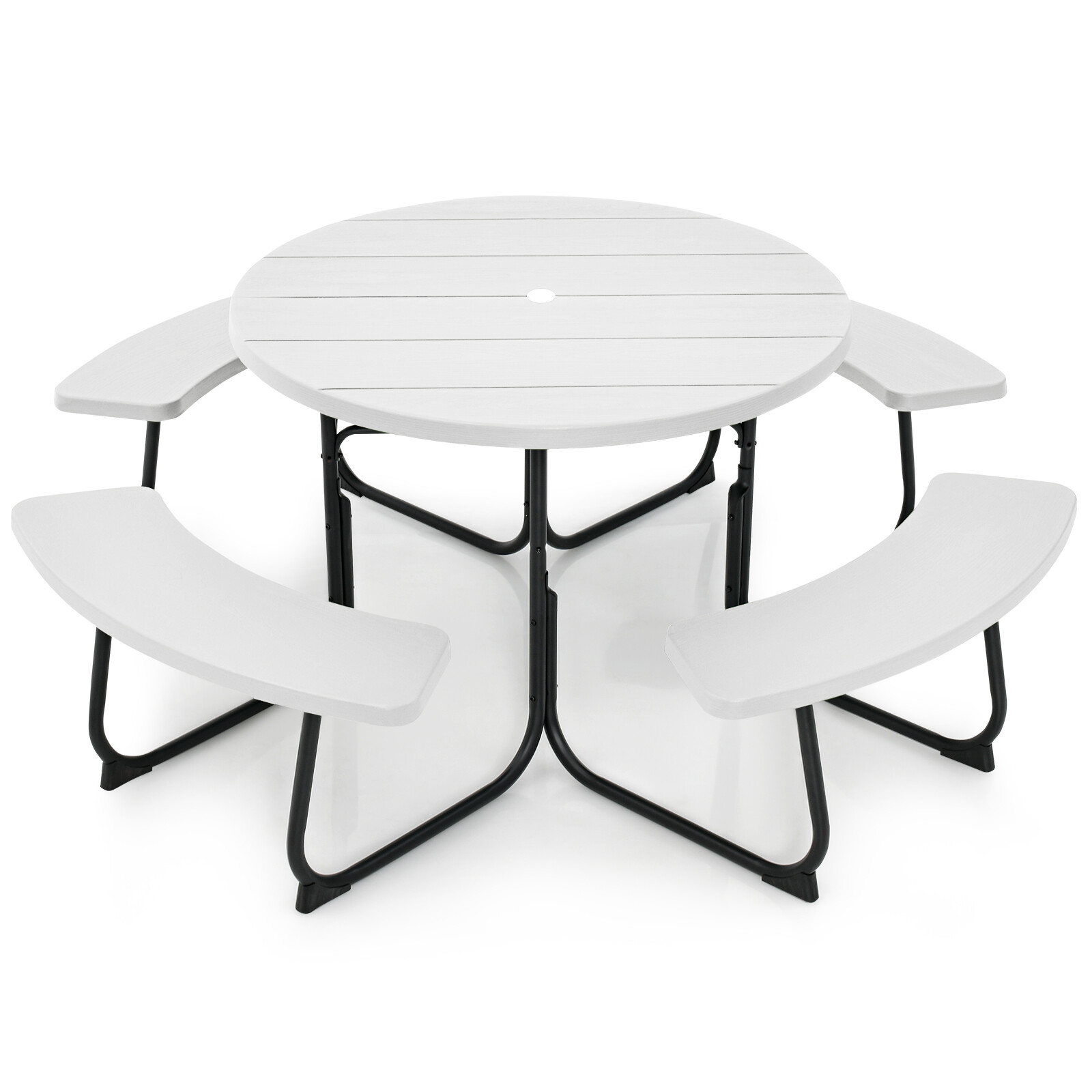 Outdoor 8-person Round Picnic Table Bench Set w/ Umbrella Hole & 4 Benches White