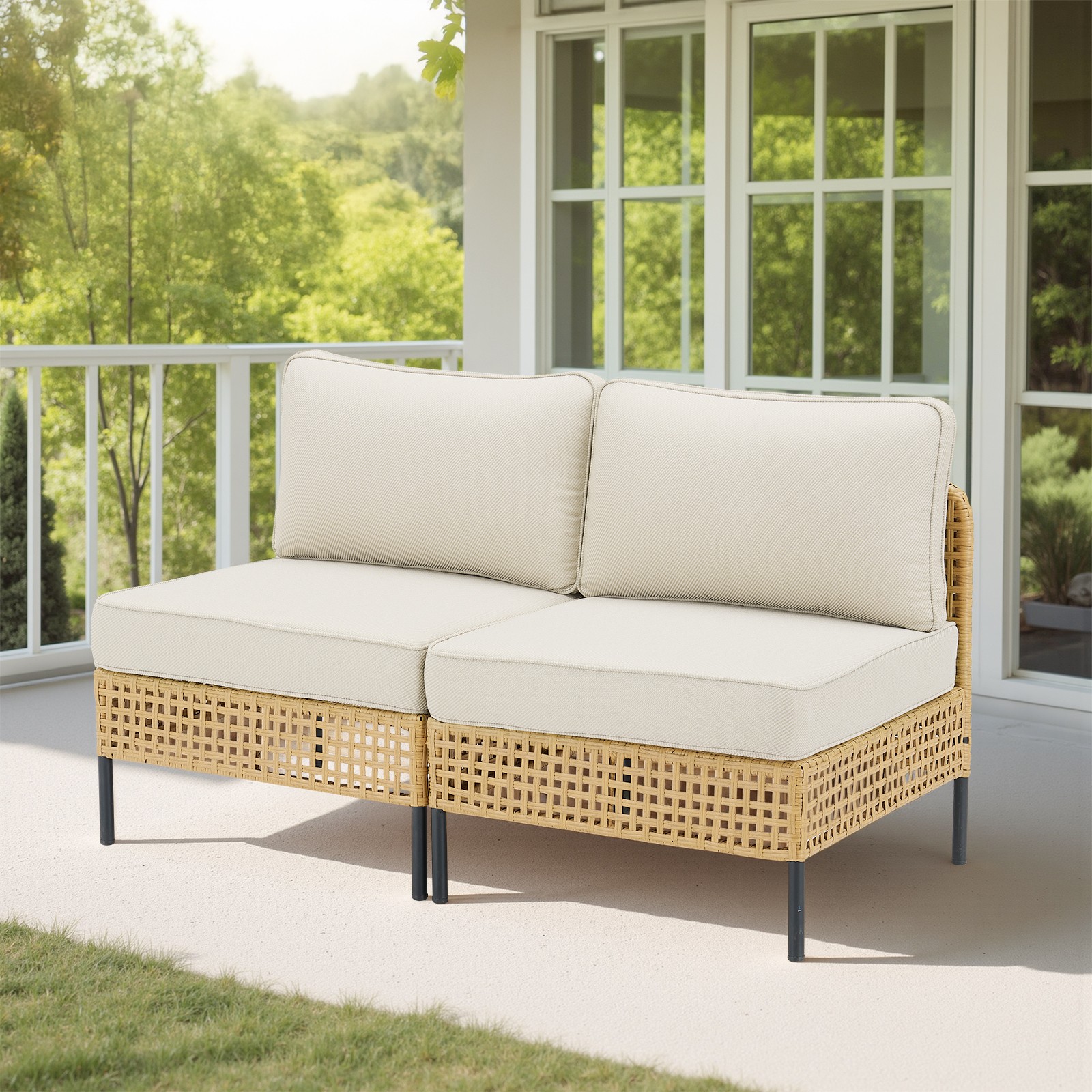 Outdoor Wicker Sectional Sofa Set with Beige Cushions