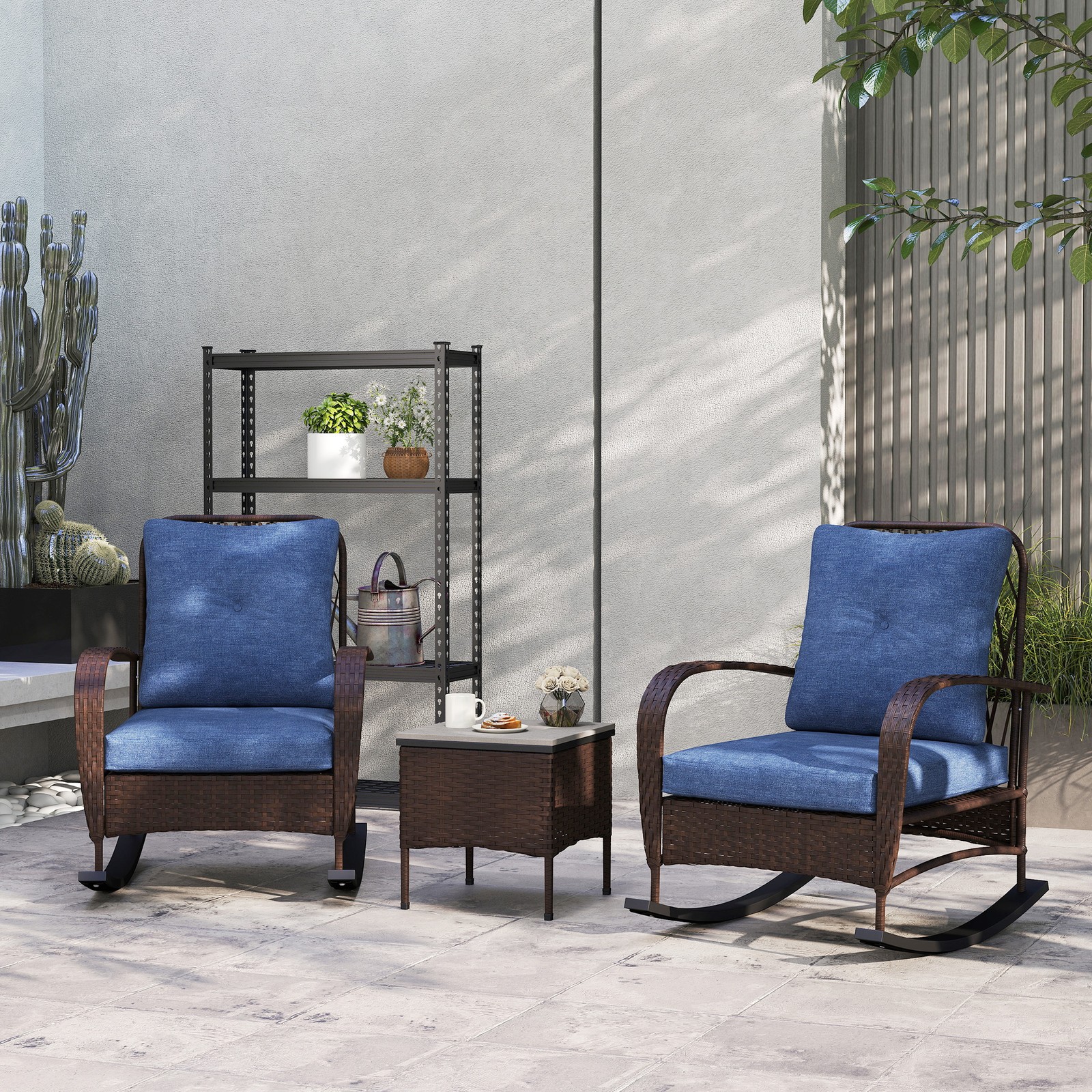 Outsunny Rocking Chairs & Coffee Table, Patio Furniture Set with Cushion, Brown