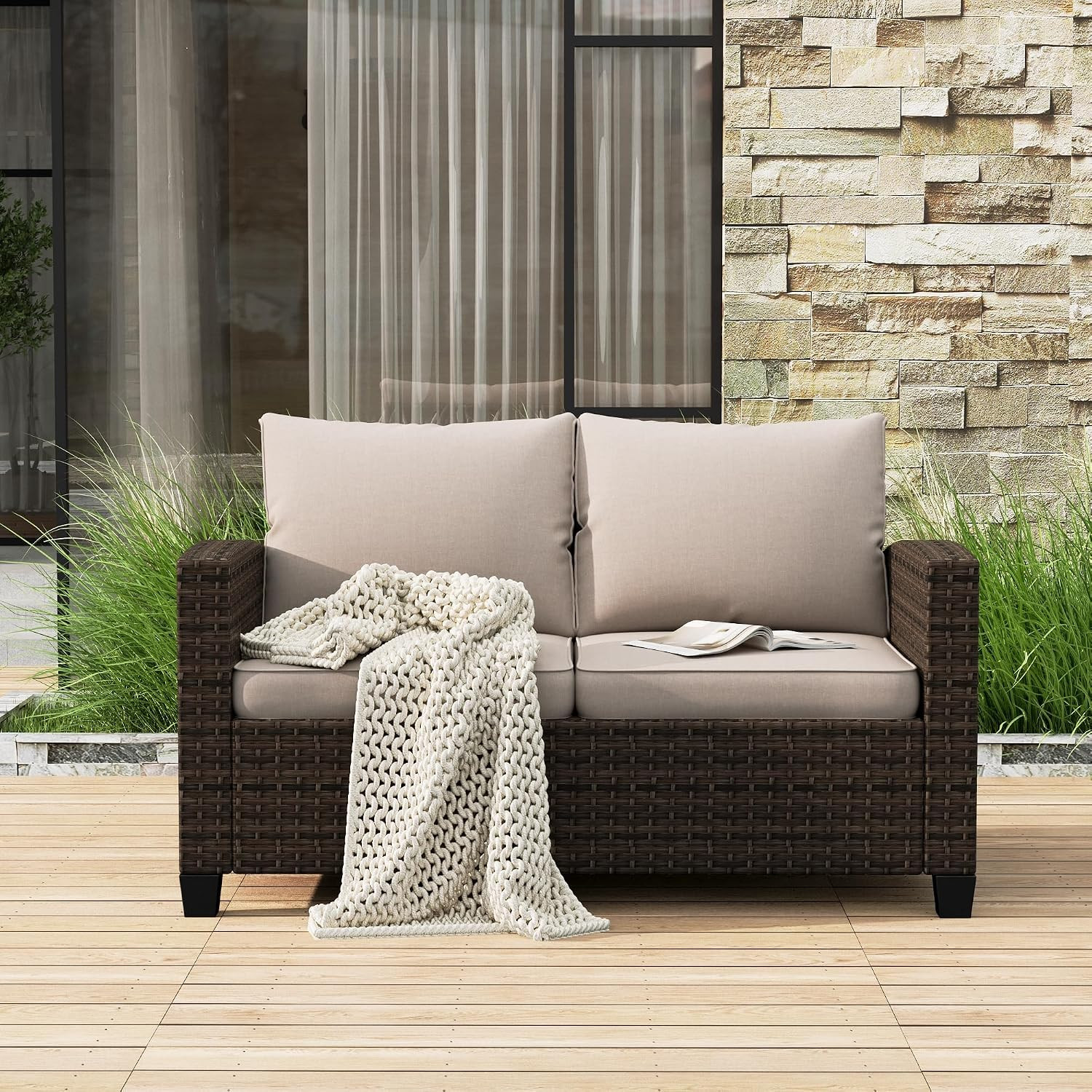 Outdoor Loveseat Patio Sofa, 2-Seat Wicker Couch with Waterproof Thick Cushions,