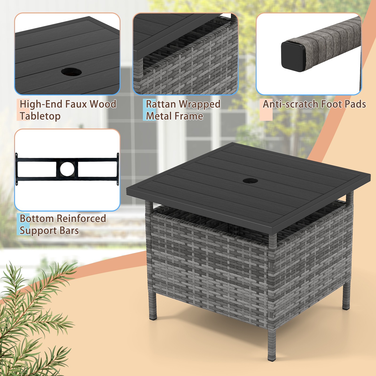 22″ Patio Rattan Square Side End Table Garden Bistro Umbrella Stand Table W/Hole