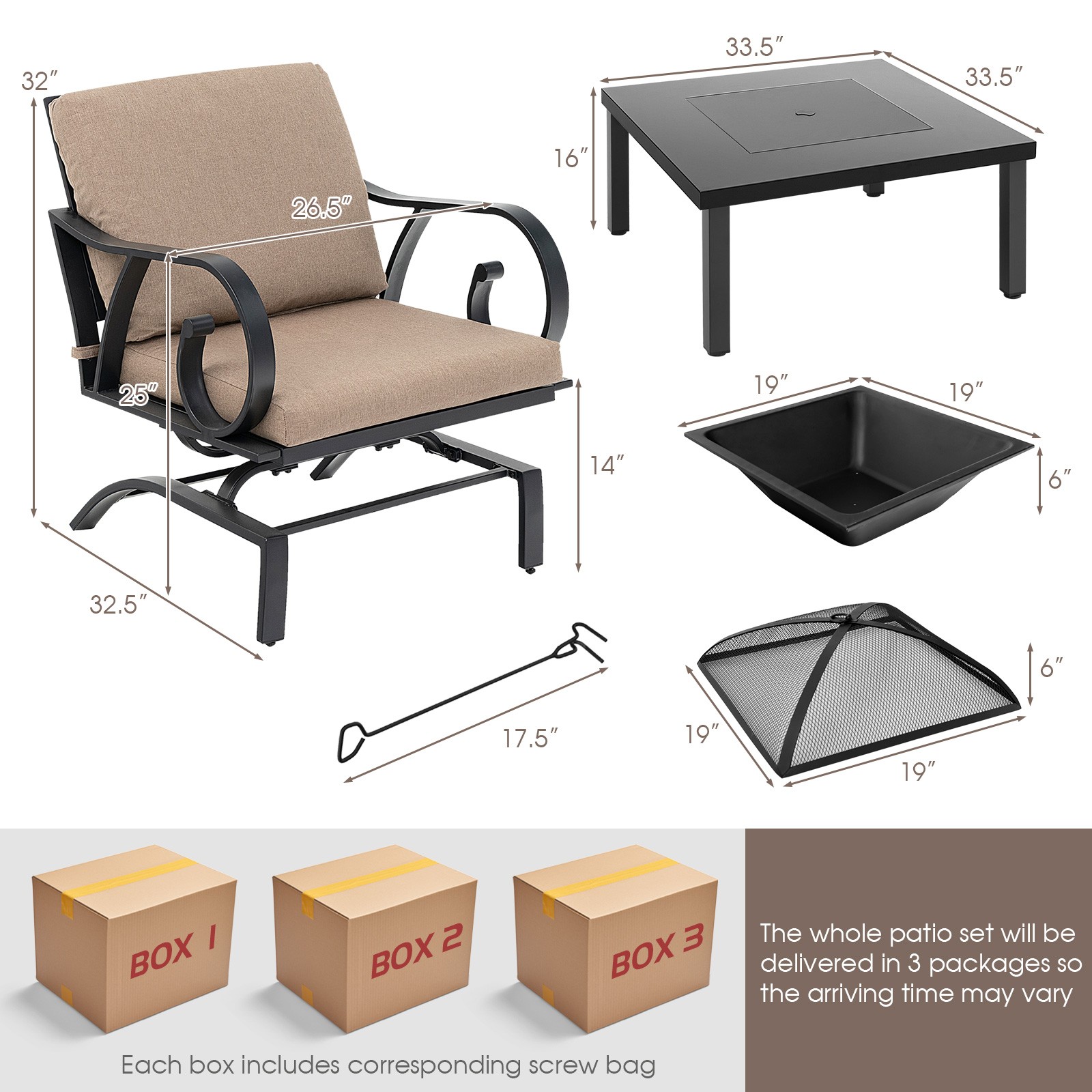 5pcs Patio Rocking Chairs 4-in-1 Fire Pit Table Heavy-Duty Conversation Outdoor