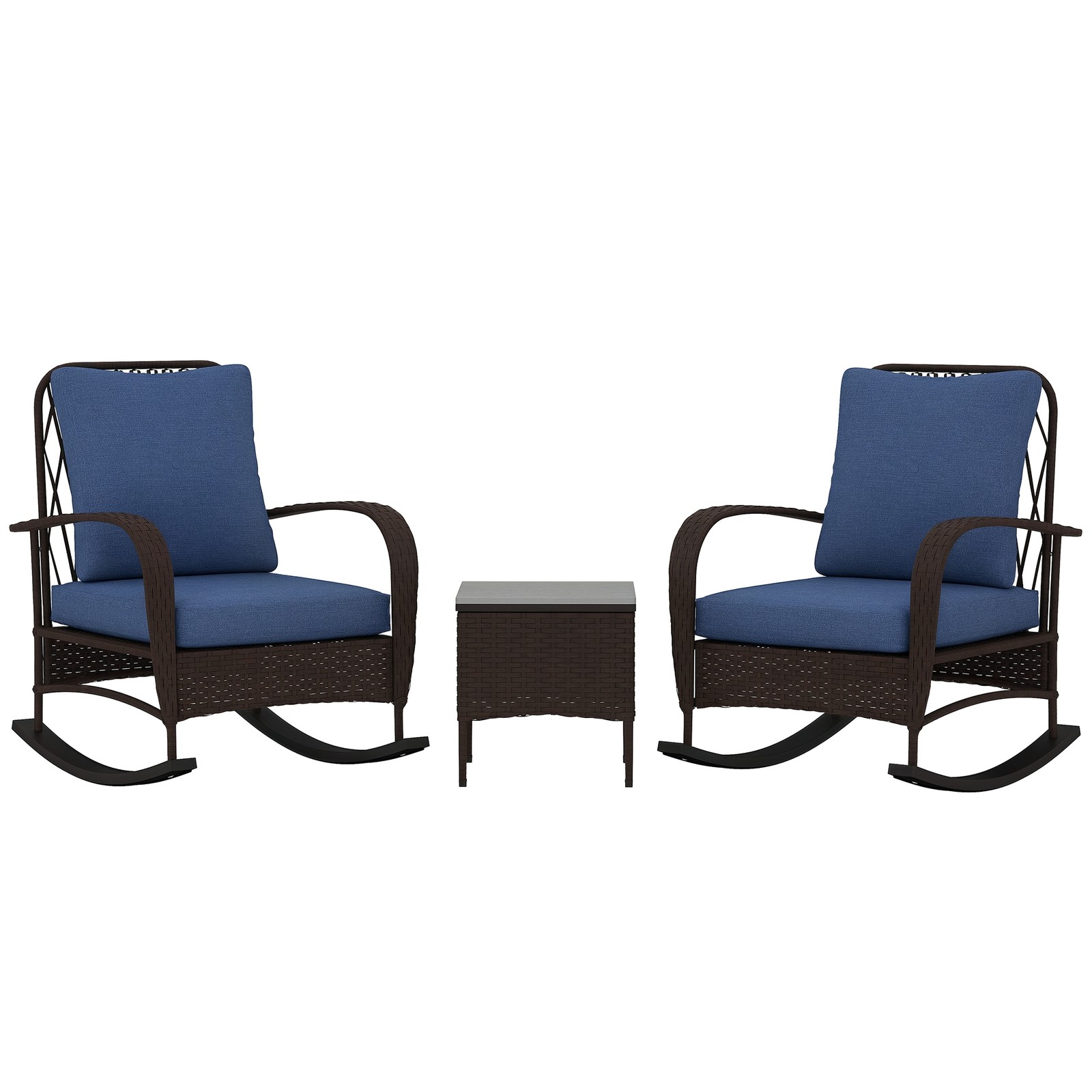 Outsunny Rocking Chairs & Coffee Table, Patio Furniture Set with Cushion, Brown
