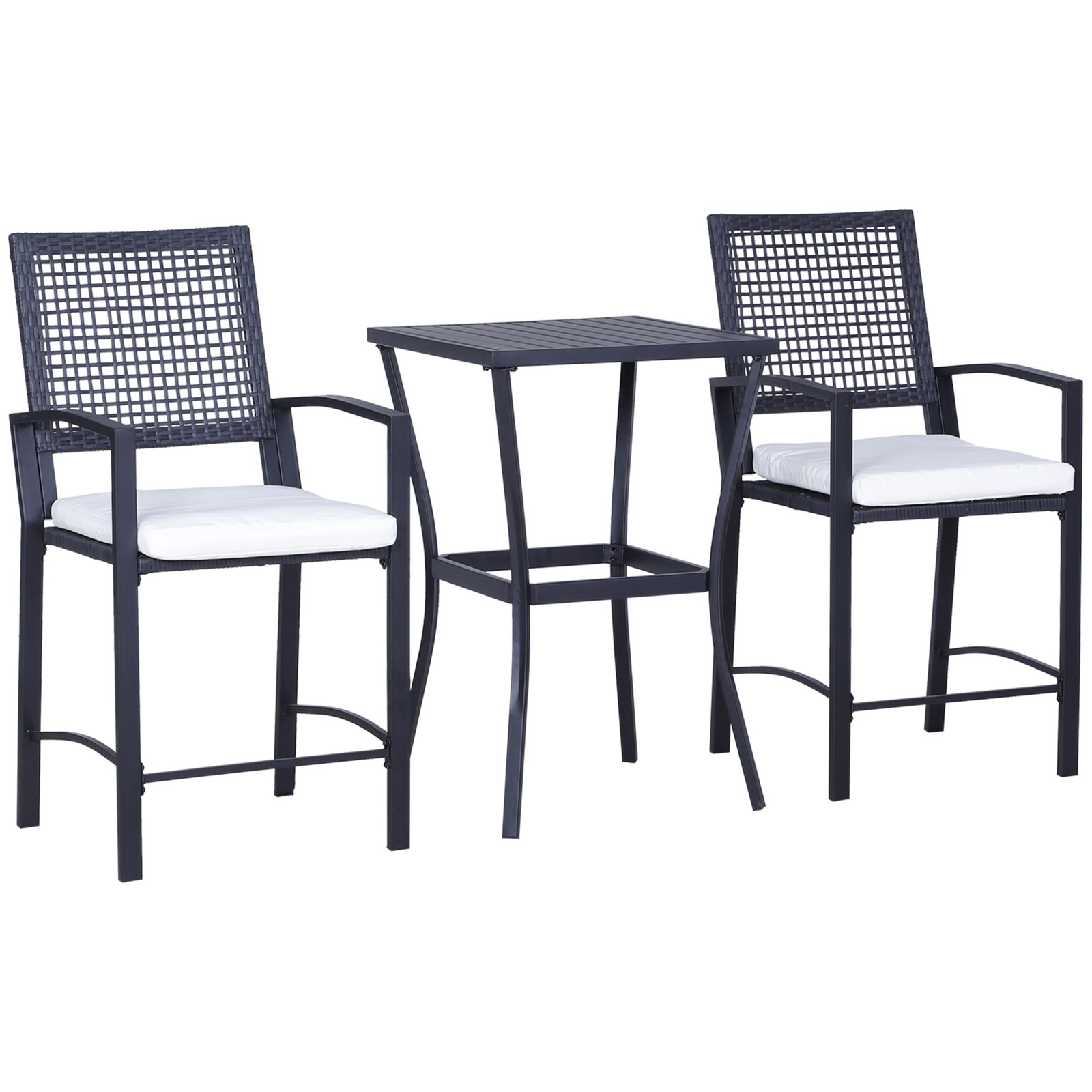 3 Piece PE Wicker Outdoor Bar Table Set with 2 Cushioned Stools Patio Black