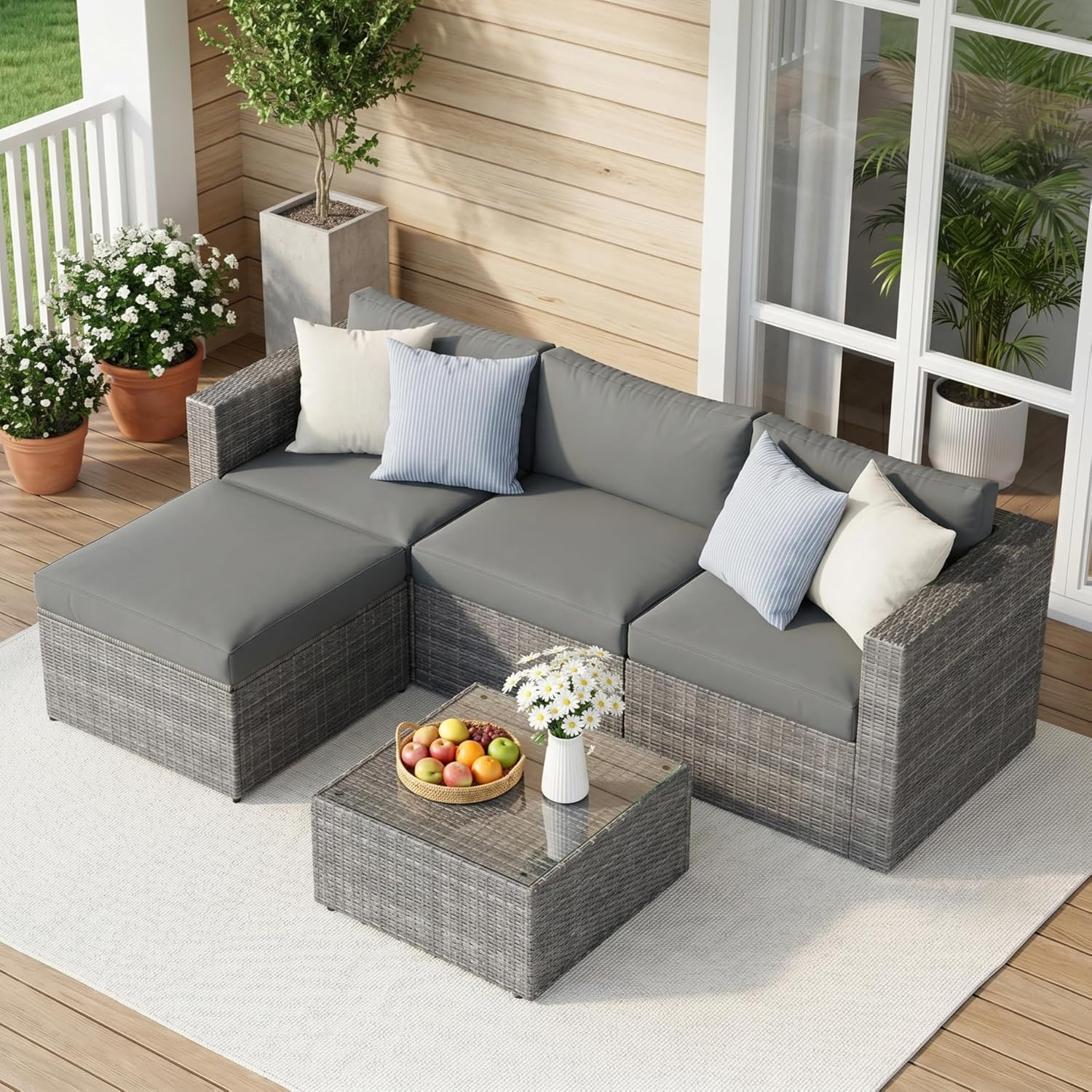 5-Pieces Outdoor Patio Furniture Set, All Weather Wicker Rattan Sectional Sofa,