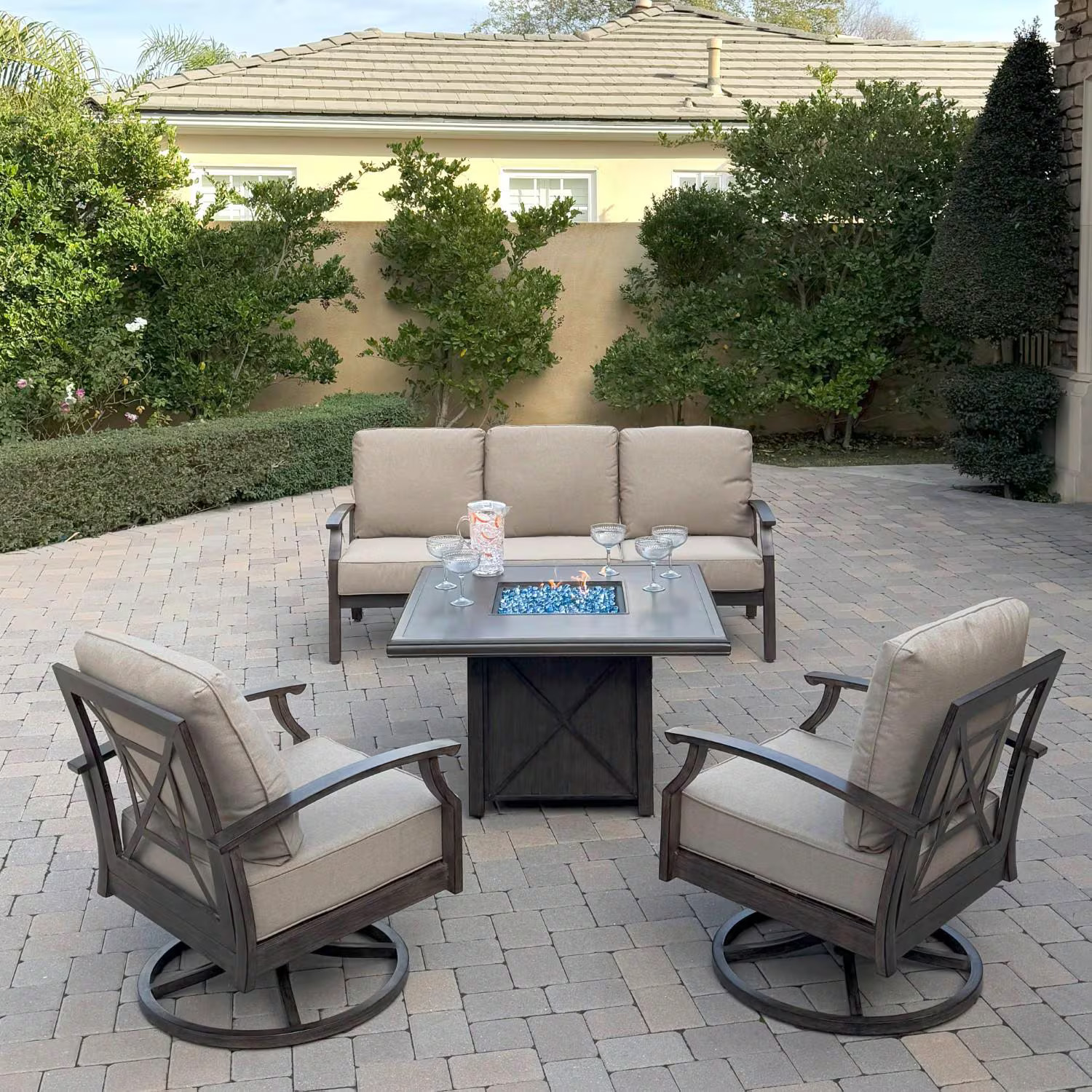 Atlantis 4 Pc Aluminum Fire Pit Seating Set 2 Swivel Rocker Club Chairs & Sofa