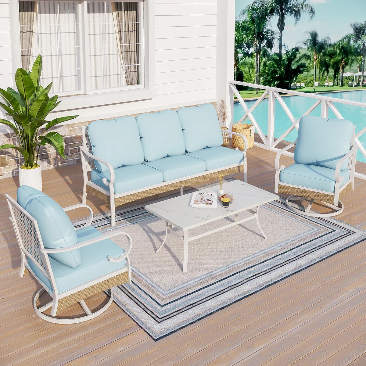 5 Seat Outdoor Sectional Sofa Set with Table Outdoor Patio Furniture Set Blue