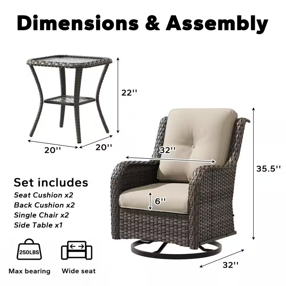 3-Piece Wicker Swivel Outdoor Rocking Chairs Patio Conversation Set with Beige C