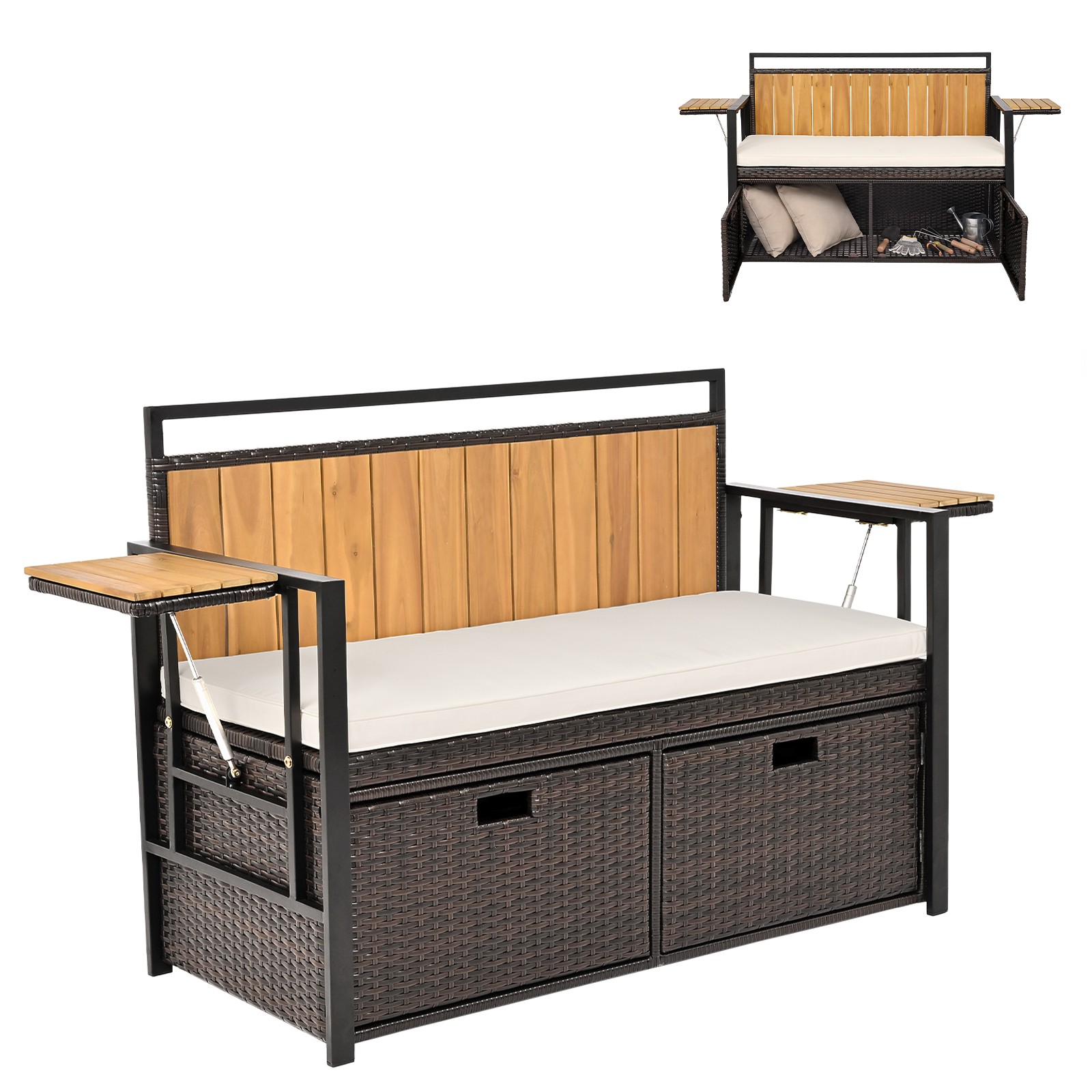 Patio Storage Bench w/2Folding Side Tables,2-Seater Rattan Bench Seat w/Cushion