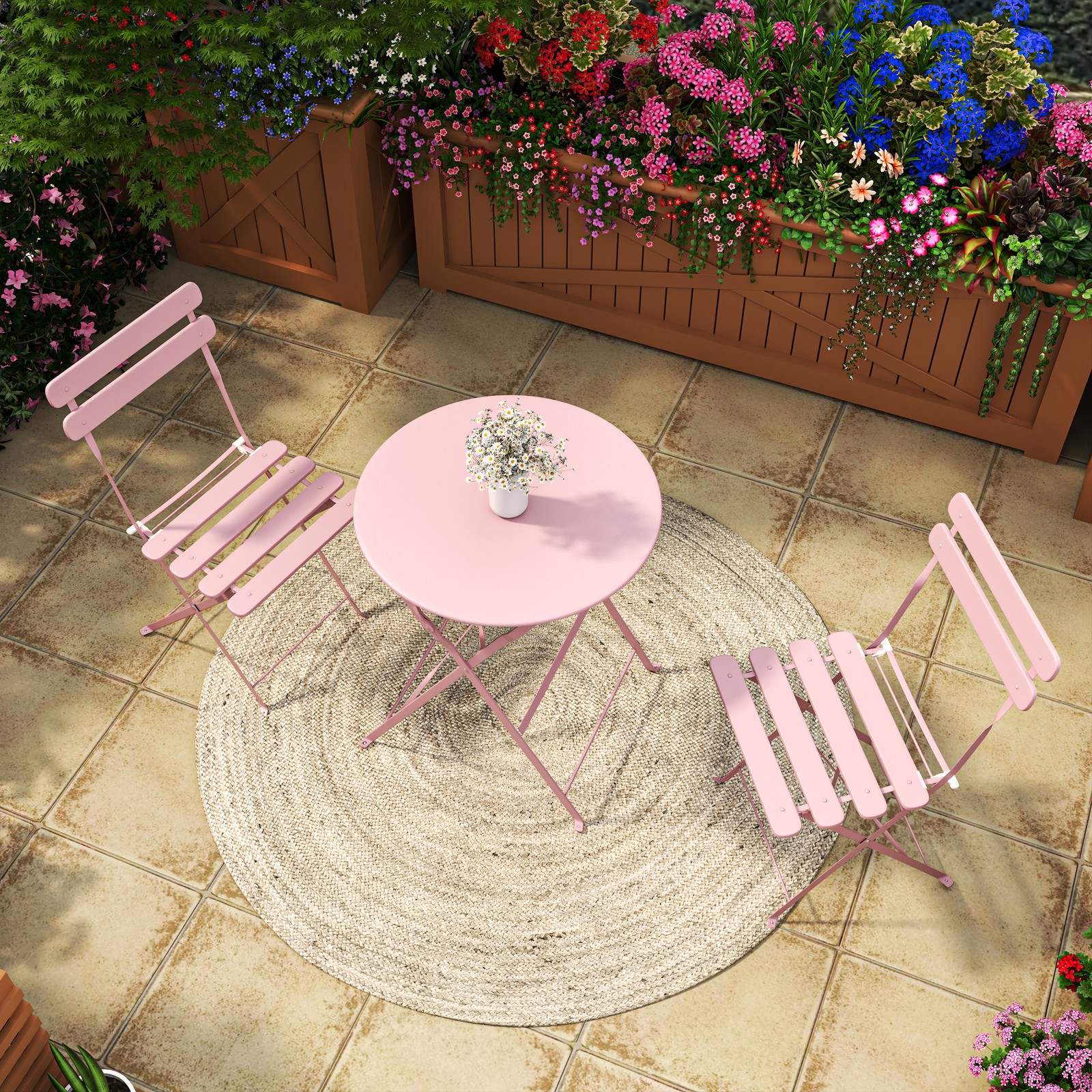 3-Piece Patio Bistro Set, 2 Folding Chairs & Table, Pink, Metal Frame