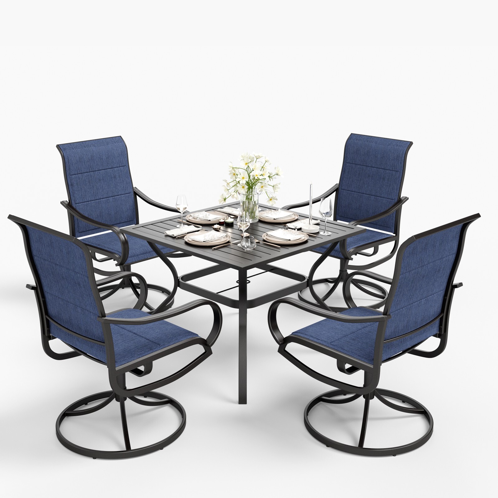 4Pcs Outdoor Patio Dining Set Swivel Chairs & Metal Square Table w/Umbrella Hole