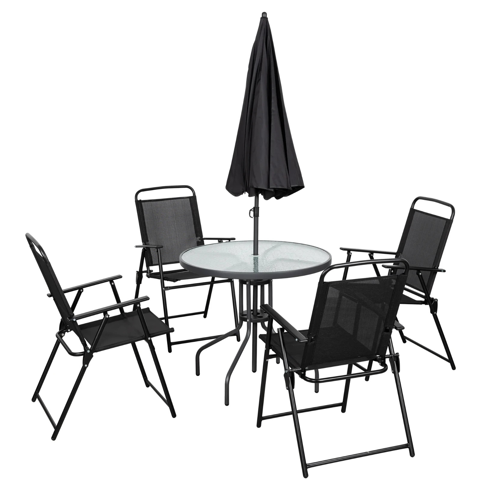 6PCS Folding Outdoor Dining Set with Tilt Umbrella Furniture Table & Chair Set