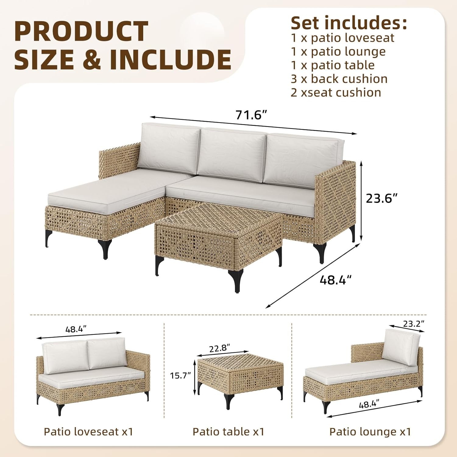3 Piece All Weather Wicker Patio Sectional Sofa Set w/ Cushions & Coffee Table