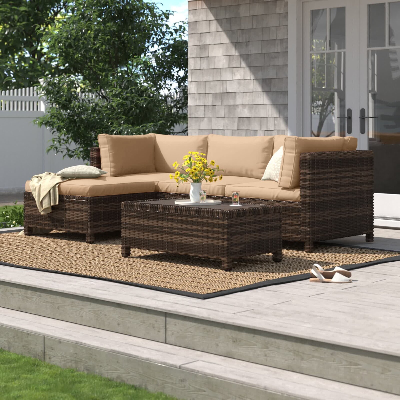3-Piece Beige Sectional Patio Seating Set Outdoor Home Furniture Wicker