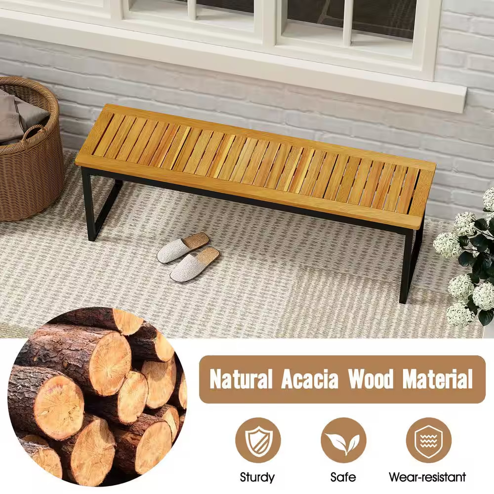2-Pieces 51 In. Wooden Outdoor Bench Patio Dining Bench with Acacia Wood Seat Na