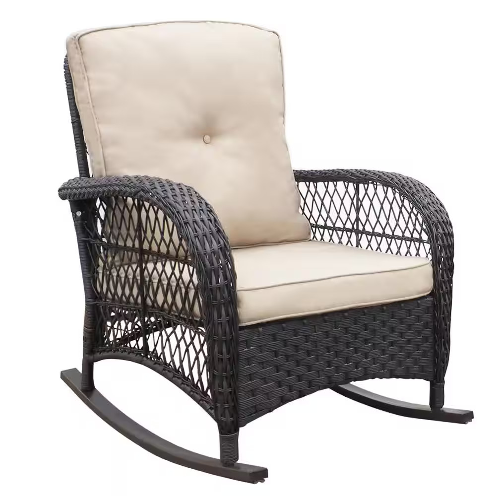 Dark Brown Wicker Outdoor Rocking Chair with Metal Frame and All-Weather Hand-Wo