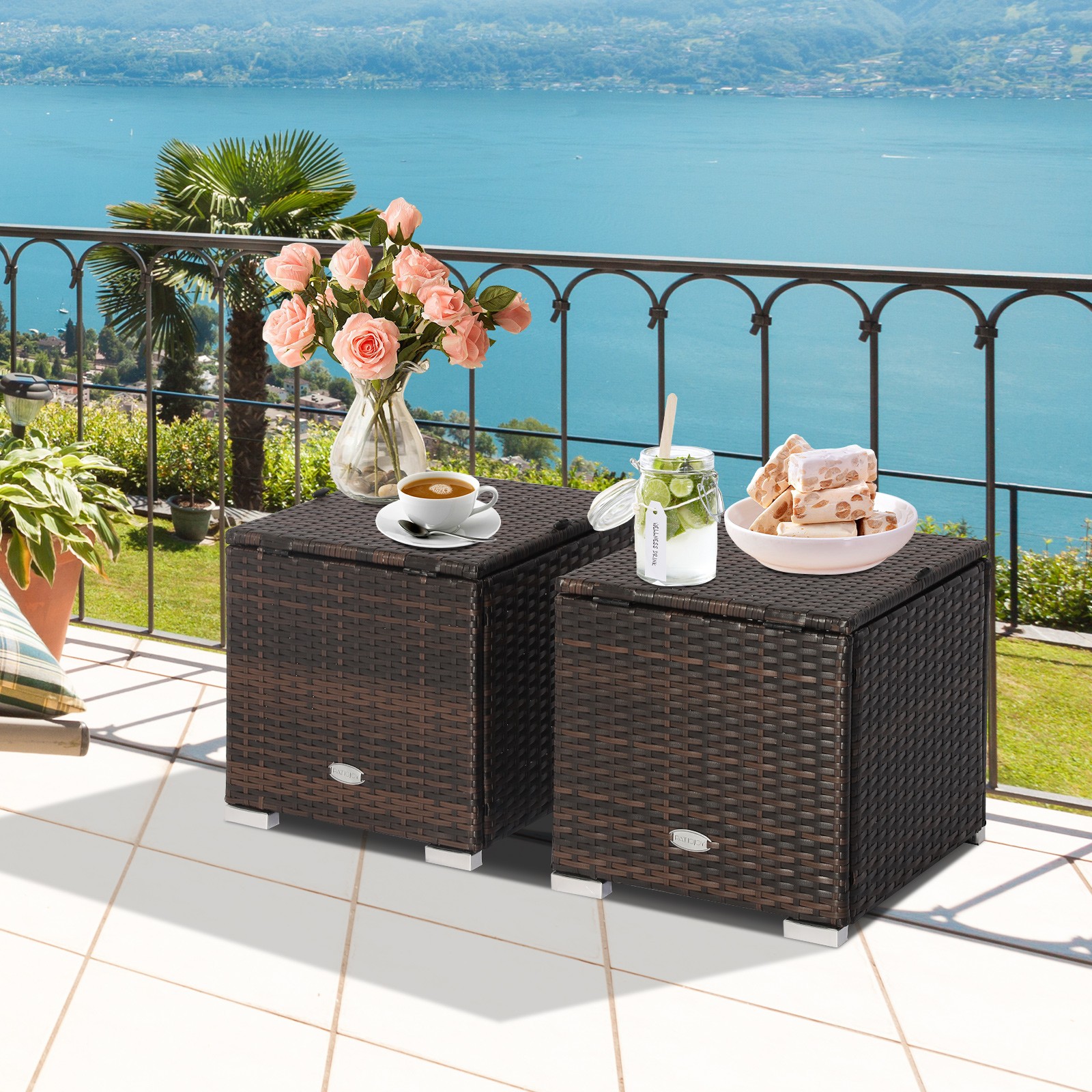 2PCS Patio Rattan Ottomans Seat Side Table Storage Box Footstool Turquoise