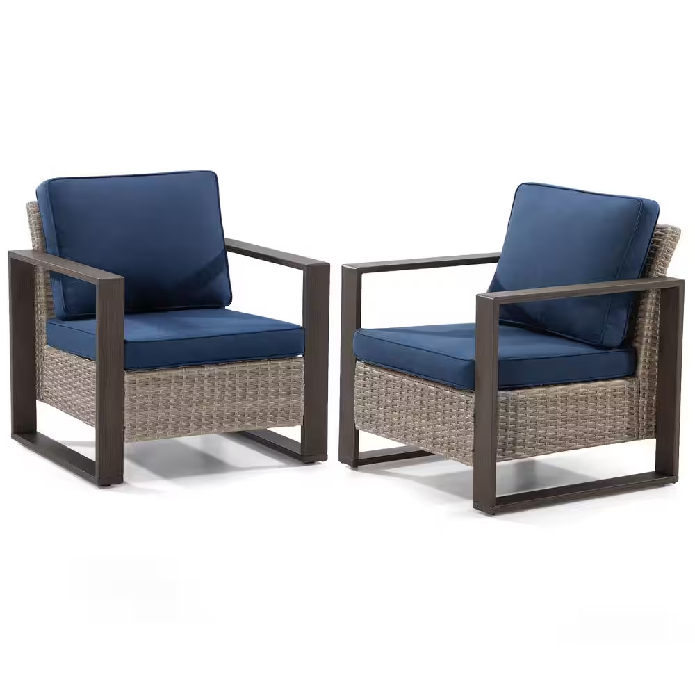 2-Piece Patio Wicker Outdoor Lounge Chair with Metal Frame and Dark Blue Cushion