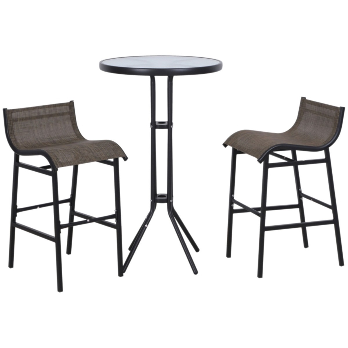 Outdoor Bistro Set 1 Circular Table with Tempered Glass Top 2 Mesh Fabric Chairs