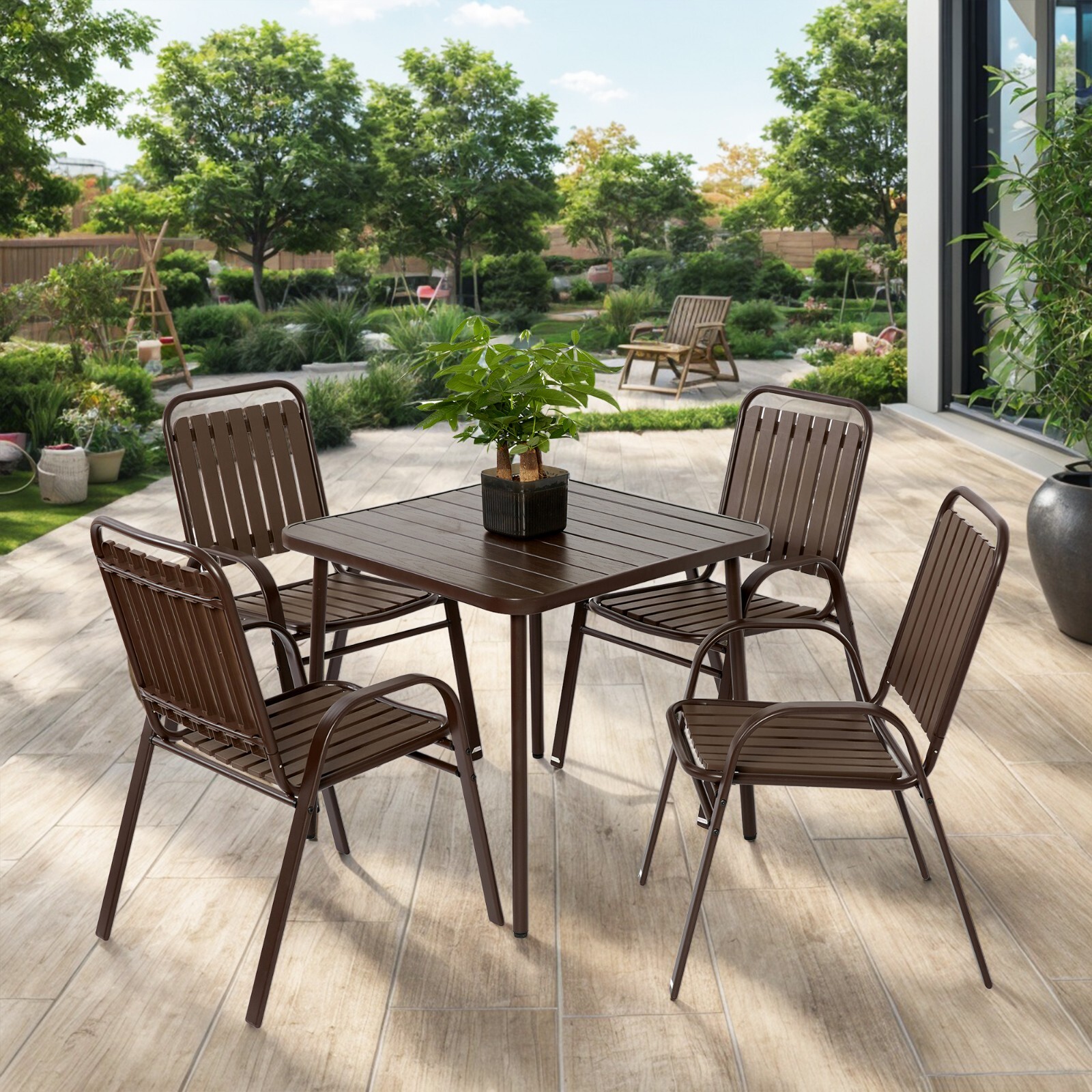 5 PCS Outdoor Dining Set Patio Table Chairs Furniture Set Garden Armchairs Brown