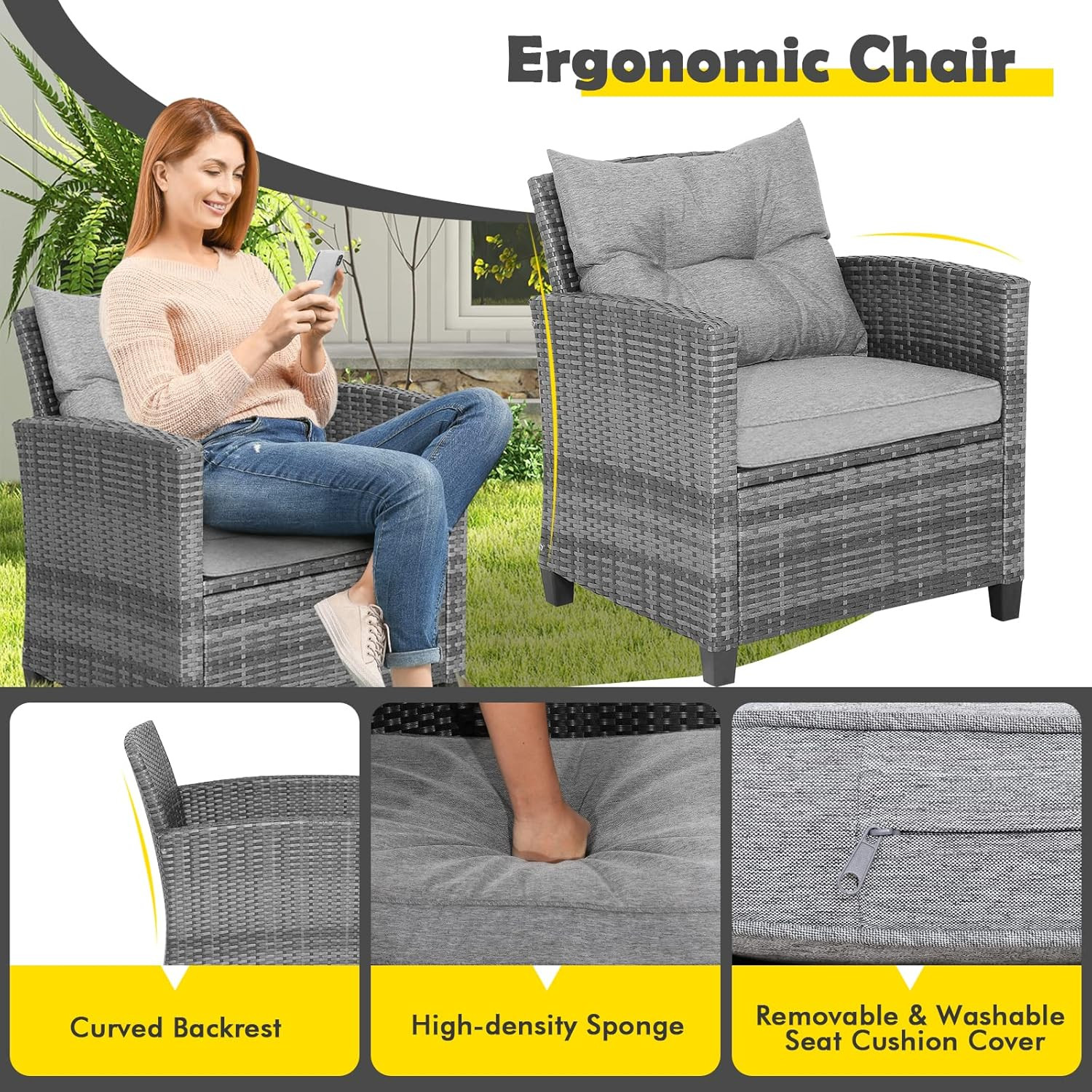 3-Piece Patio Furniture Set, Outdoor Wicker Rattan Sofa with Cushions, Coffee Ta
