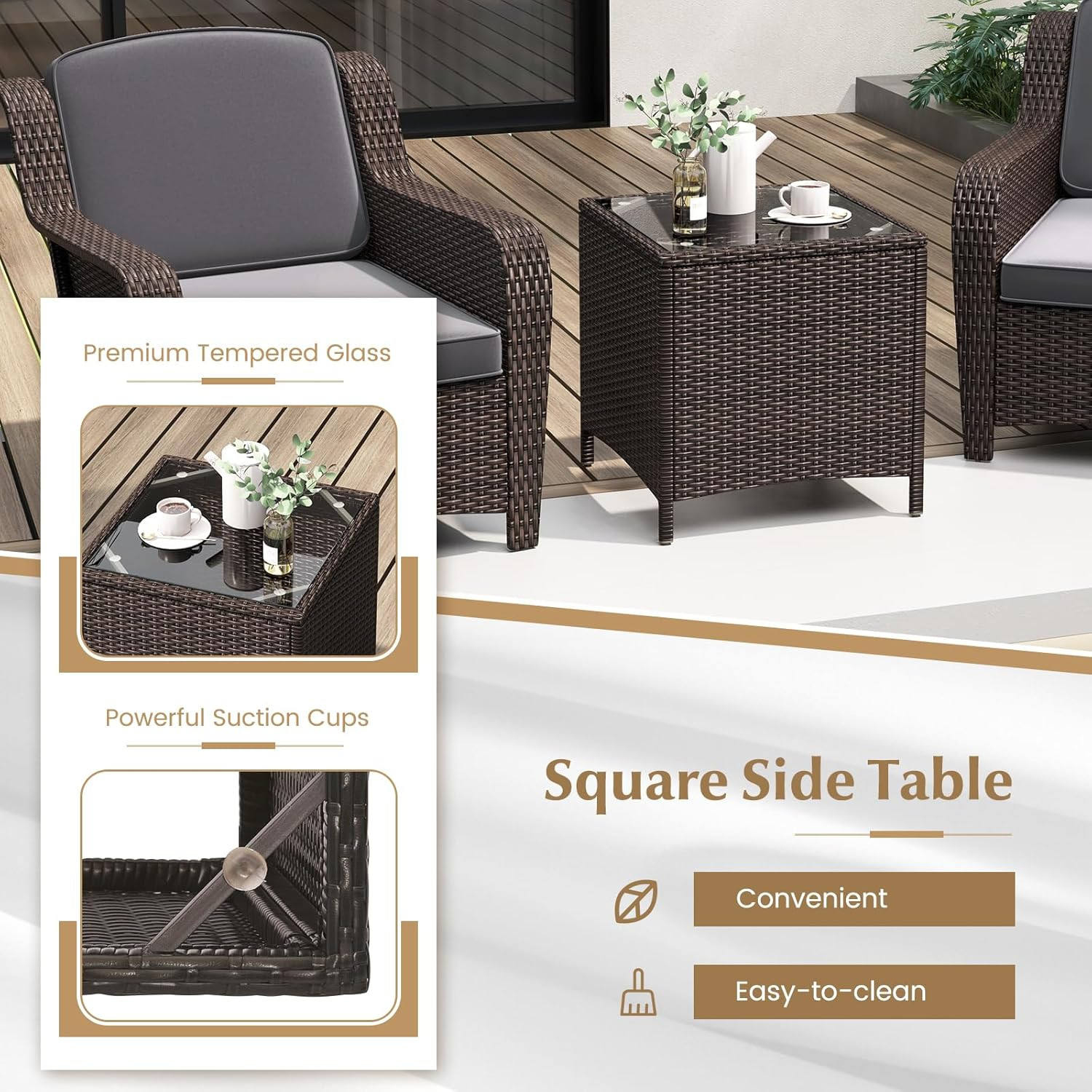 3 Pieces Outdoor Patio Furniture Set, Patiojoy PE Rattan Wicker Chairs with Cush
