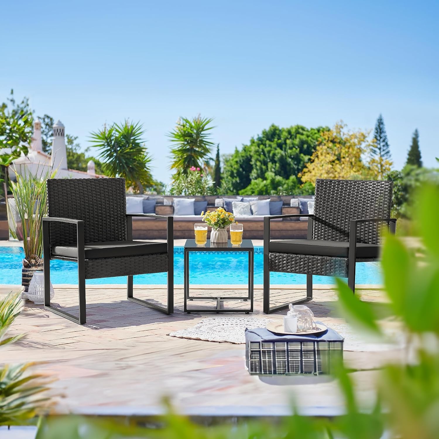 Outdoor Patio Furniture Modern Rattan Chair Conversation Set With Coffee Table