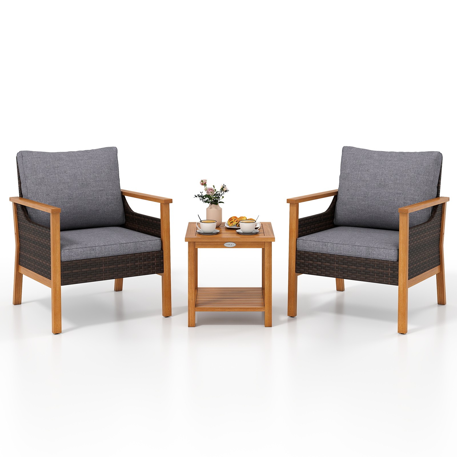 3 Piece Patio Furniture Set, PE Rattan Chairs w/ 2-Tier Coffee Table & Cushions
