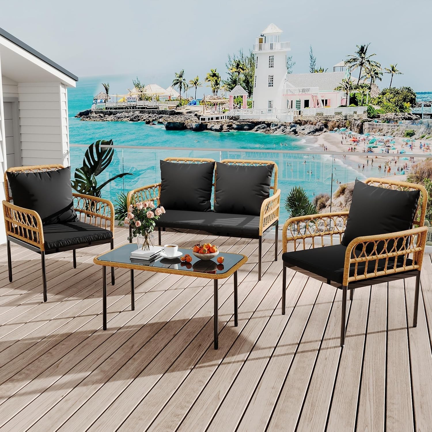 4 Piece Outdoor Patio Furniture Set, All-Weather Wicker Table and Chair Set Set